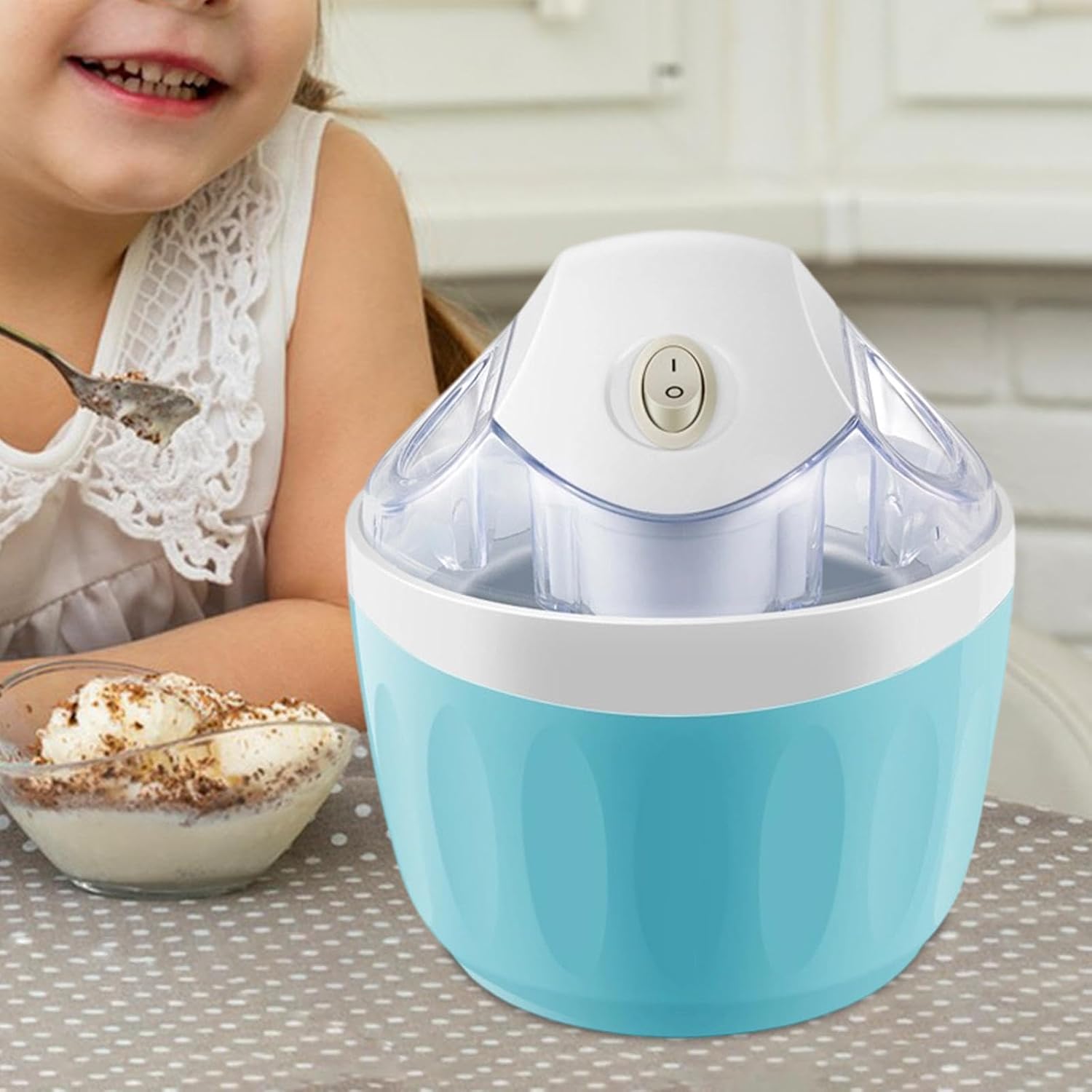 Ice Cream Maker Dessert Maker Space Saving Easy to Clean and Use Freezing Cup with Lid, Blue White