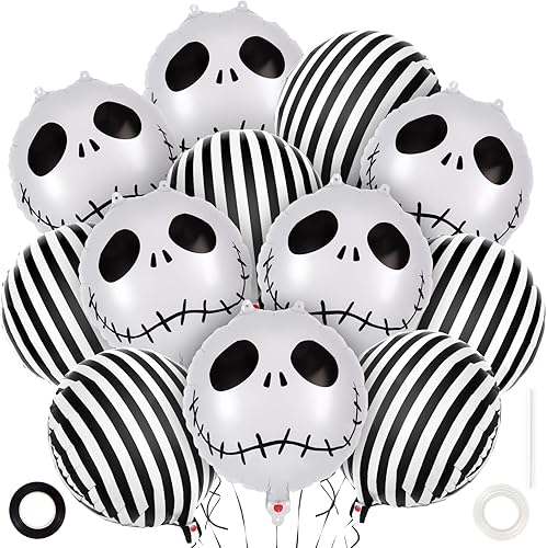 12 globos de rayas blancas y negras, globos de papel de aluminio de calavera, decoraciones de fiesta de Halloween, globo de Halloween para
