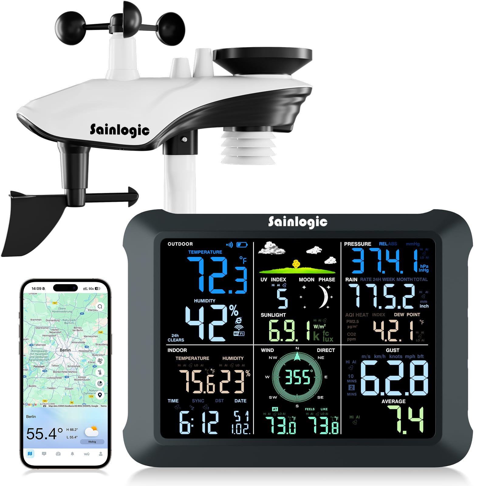 Sainlogic WLAN-Wetterstation mit Außensensor KI-Alarmt(Nur 2,4 GHz)