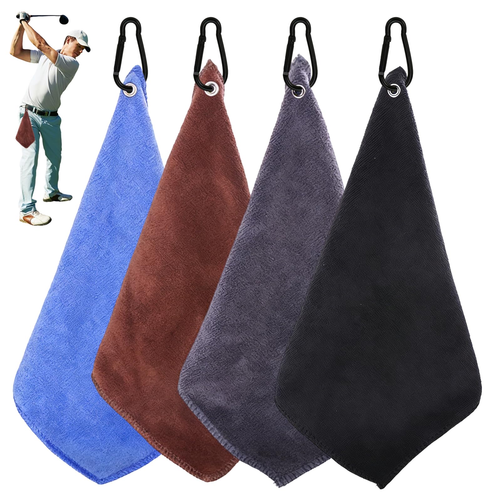 llikknve 4 Pcs Golf Towels for Golf Bags with 4 Pcs Carabiner Clip, Microfiber Waffle Towel, Golf Cleaning Towel for Bags, Fitness Sport, Outdoor Yoga(4 Colors)