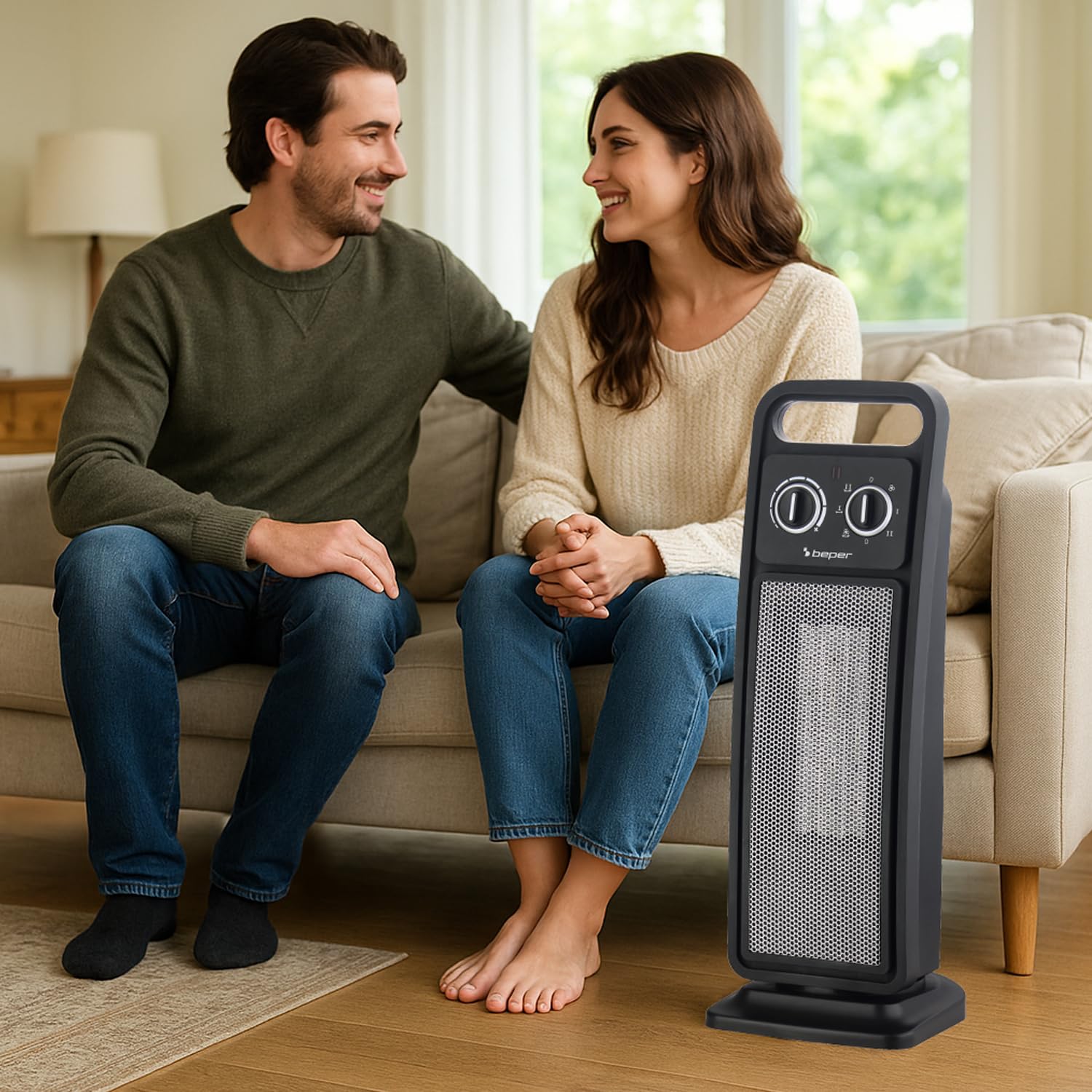 BEPER P203TER002 Termoventilatore Ceramico a Torretta, Stufetta Elettrica 2000W con Oscillazione Automatica, Termostato Regolabile, 2 potenze, Sicuro con Autospegnimento