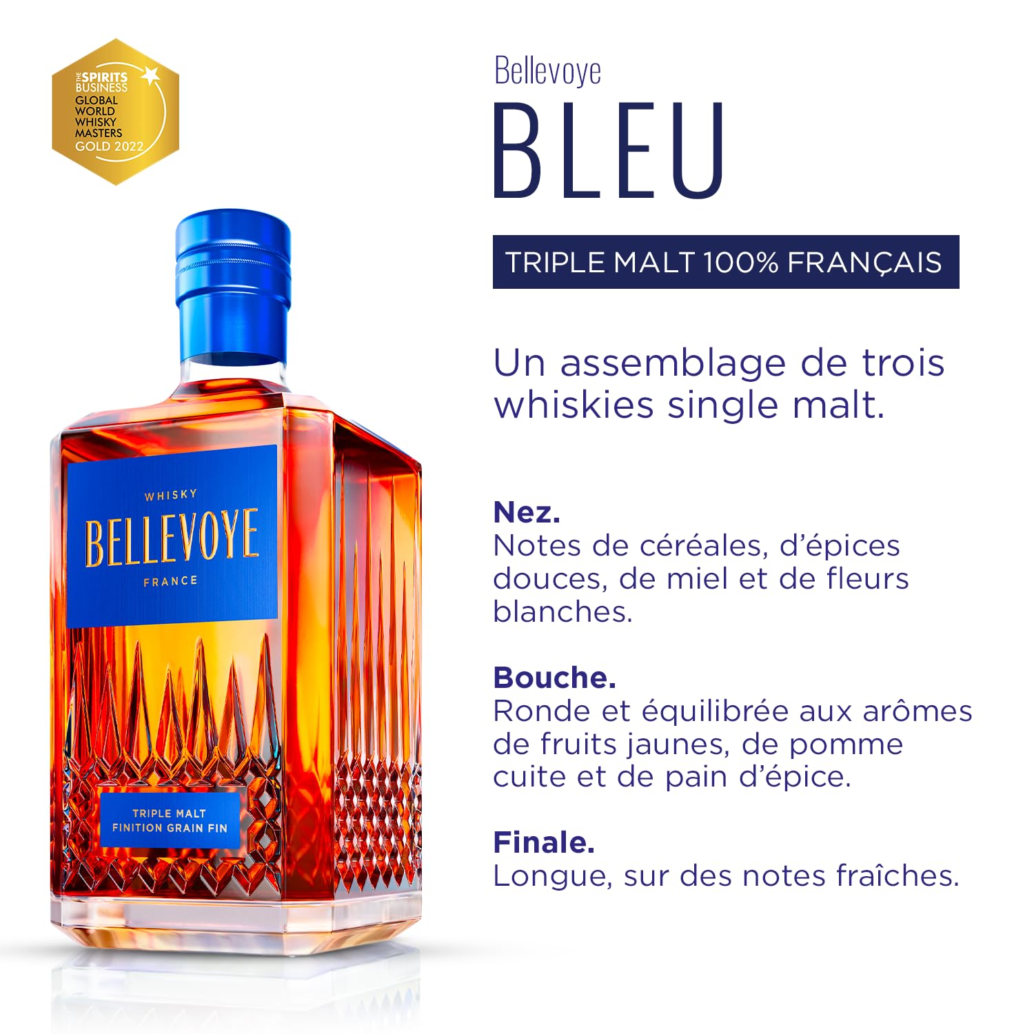 BELLEVOYE Bleu - Whisky Triple Malt - Médaille d’or Concours Mondial Whisky Masters 2022 - 40 % Alcool - 100 % France - 70 cl