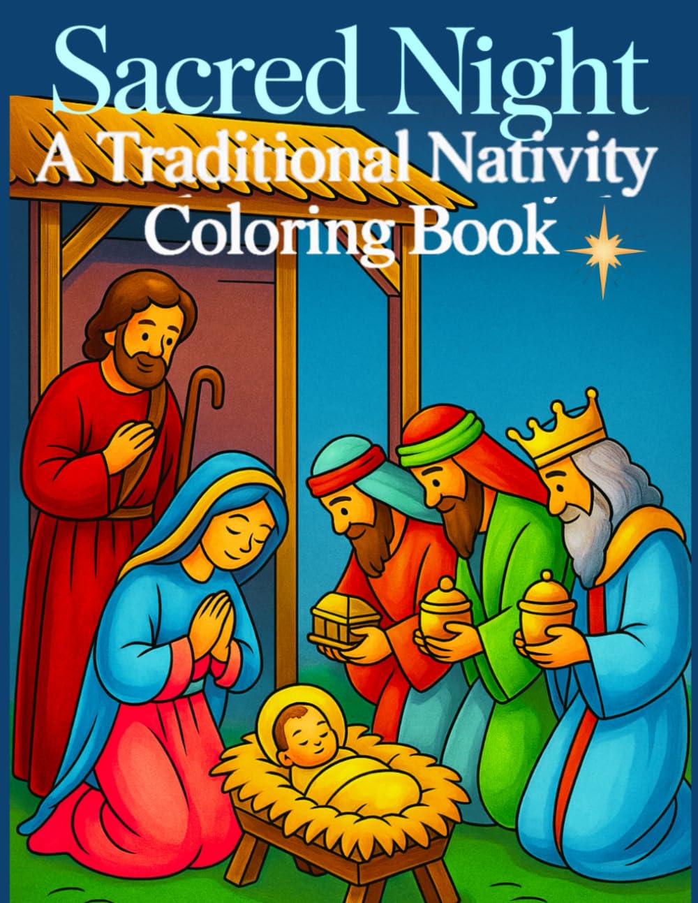 Sacred Night: A Traditional Nativity Coloring Book: Peaceful and Elegant Christmas Scenes for Children and Adults – Featuring Mary, Joseph, Baby Jesus, Angels & Wise Men