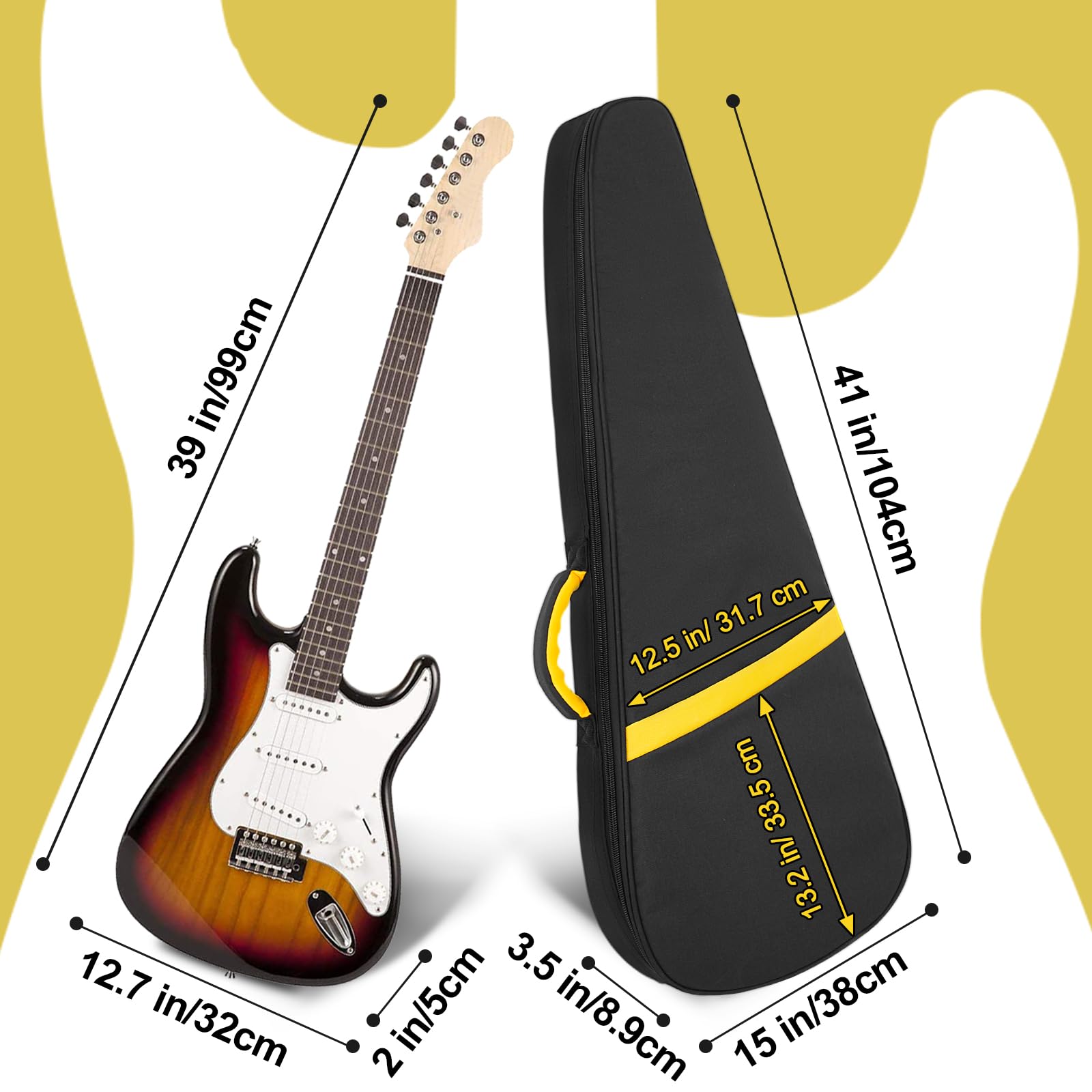 Funda acolchada para guitarra eléctrica de 7 mm, funda para guitarra eléctrica, mochila para guitarra eléctrica de 39 pulgadas con correa para el cuello y bolsillos (rayas negras y amarillas)