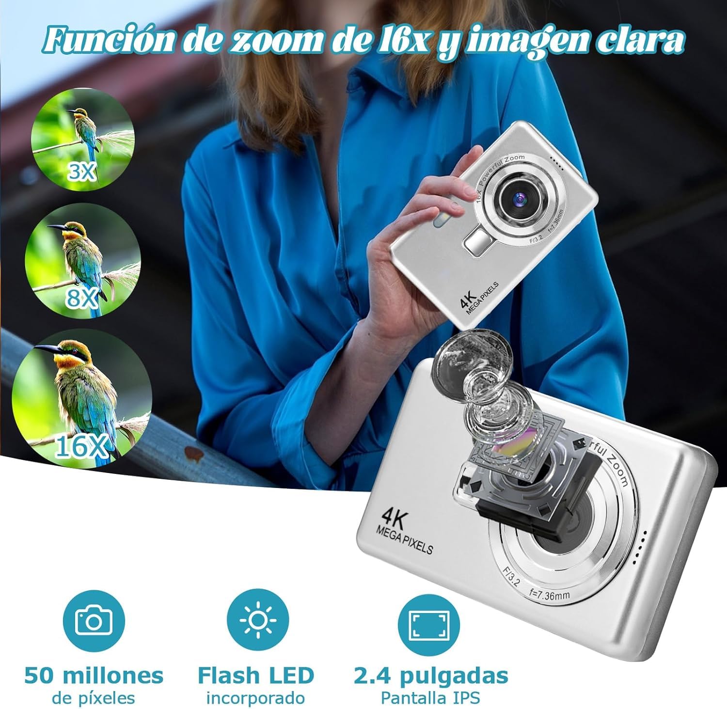 Cámara digital – 1080P FHD 44MP con pantalla LCD de 2.4 pulgadas, cámara de fotos compacta portátil con tarjeta SD de 32 GB, zoom digital de 16X para niños, adolescentes, estudiantes, principiantes