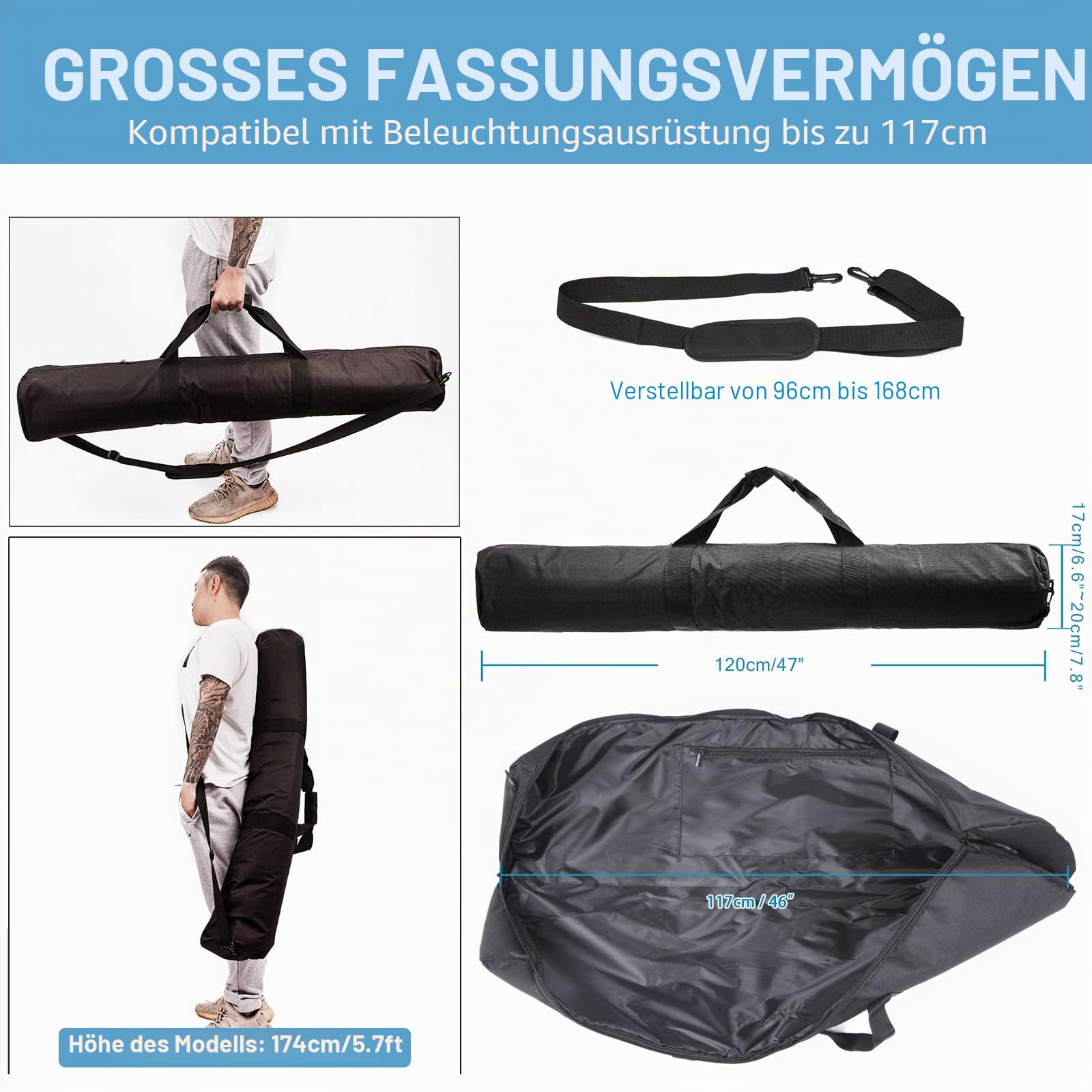 Stativtasche/Behälter Schaum 1680D Nylon mit Schultergurt tragen gepolstert - 47" 120cm x 20cm - Schwarz