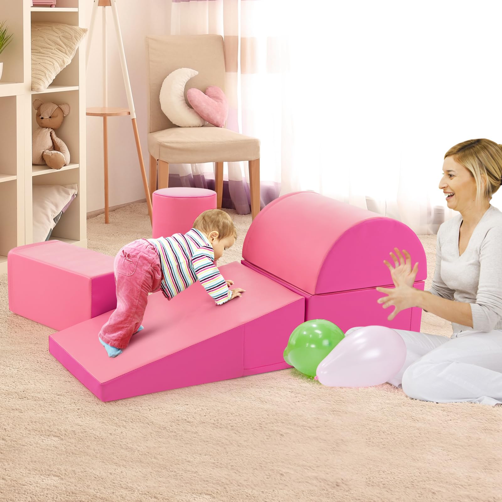 DREAMADE 5PCS Module de Motricité, Parcours Motricité Bébé en PU à Base d'eau & EPE, Jeut d'Éducation pour Enfants d'Âge Préscolaire, Convient à Maternelle, Maison (Rose)