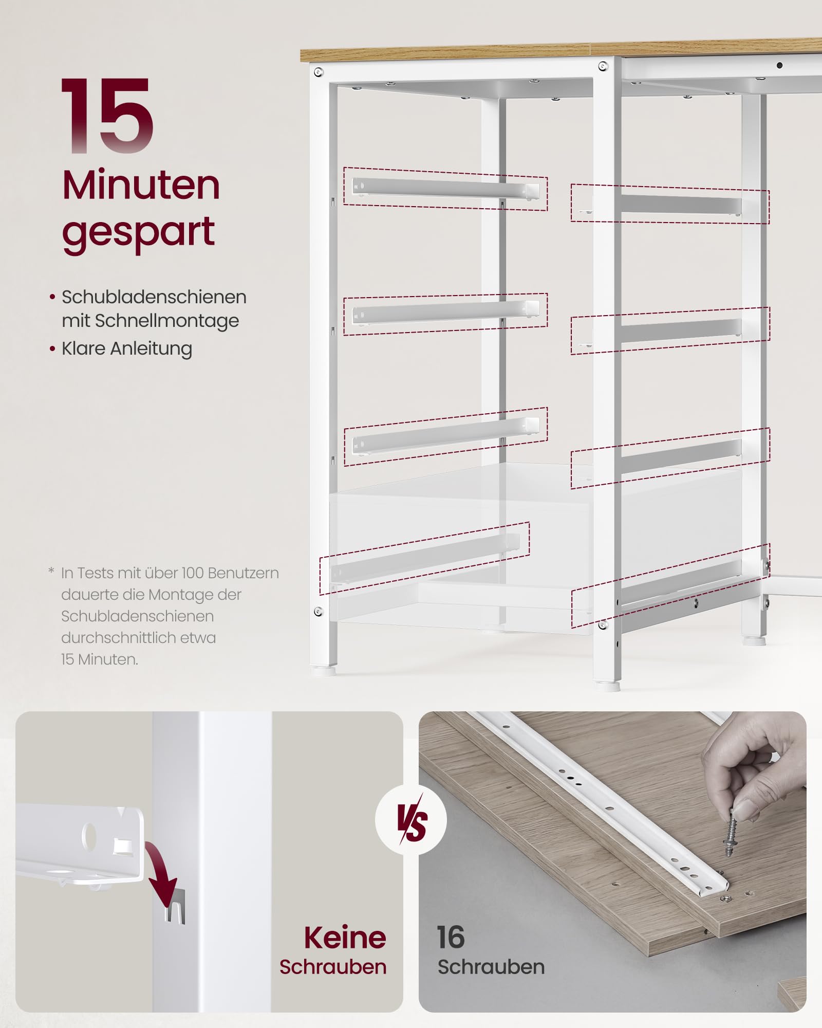 VASAGLE L-förmiger Eckschreibtisch mit Steckdosen, Computertisch, Gaming-Tisch, beidseitig montierbar, verstellbare Ablagen, 4 Schubladen, 2 USB-Anschlüsse, 140 x 80 cm, natureichenfarben LWD172YD01