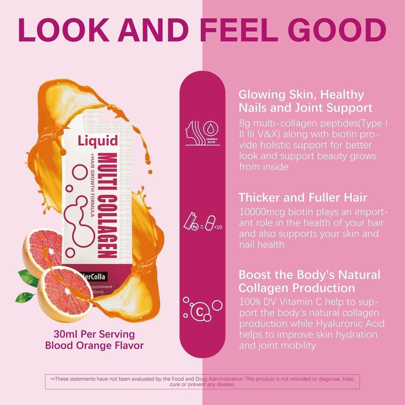 Liquid Collagen for Women, 10000mcg Biotin, 8000mg Multi Type Collagen Peptides, Hyaluronic Acid, Vitamin C, Skin, Nail, Hair Supplement, Orange Flavor, 10 Fl oz. (10 FL Oz (Pack of 3))