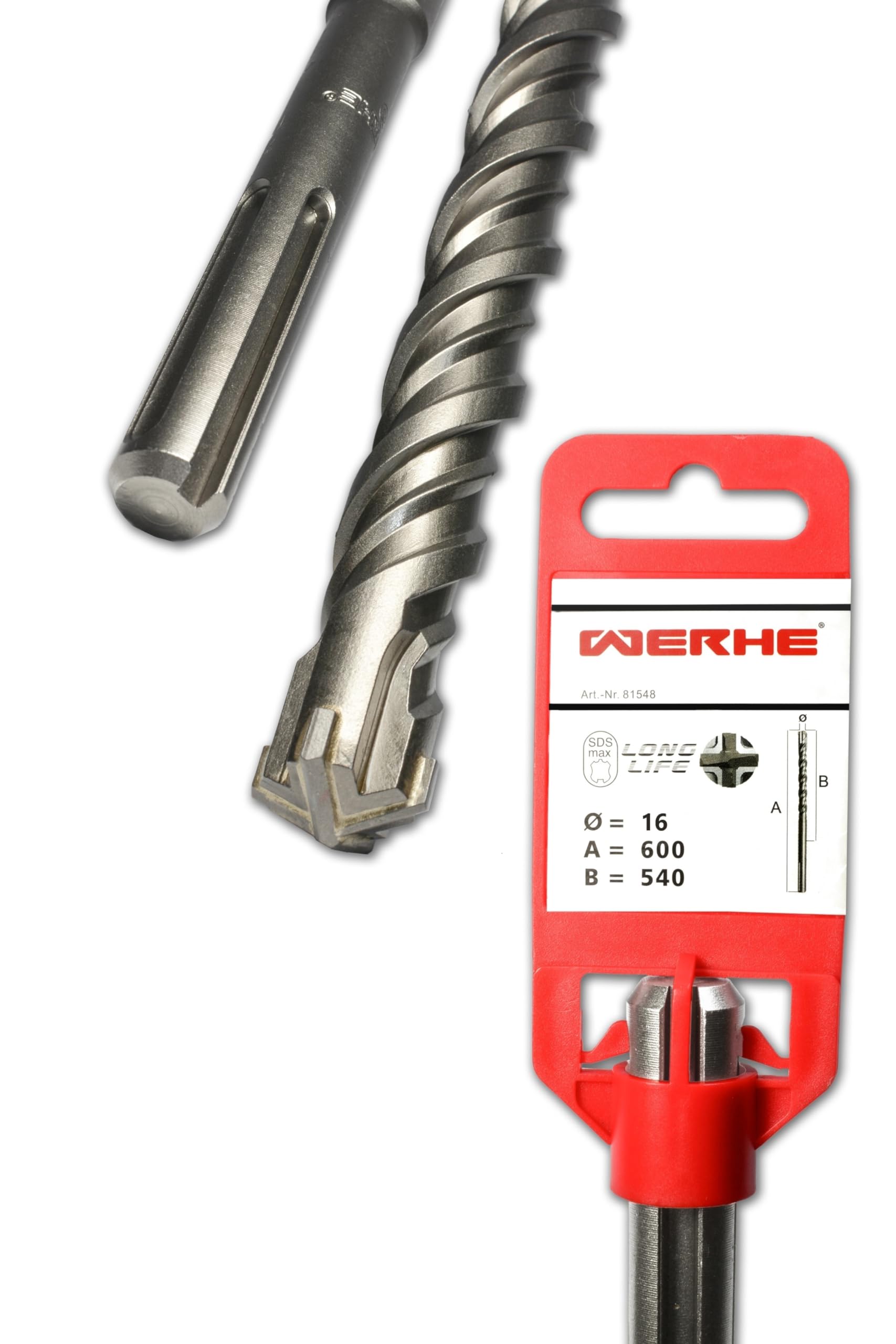 WERHE Forets à béton SDS MAX 16 x 600 mm - Forets à pierre pour perceuse - Forets marteaux pour le perçage du béton et de la brique - Quatre lames avec double hélice et pointe en carbure de tungstène