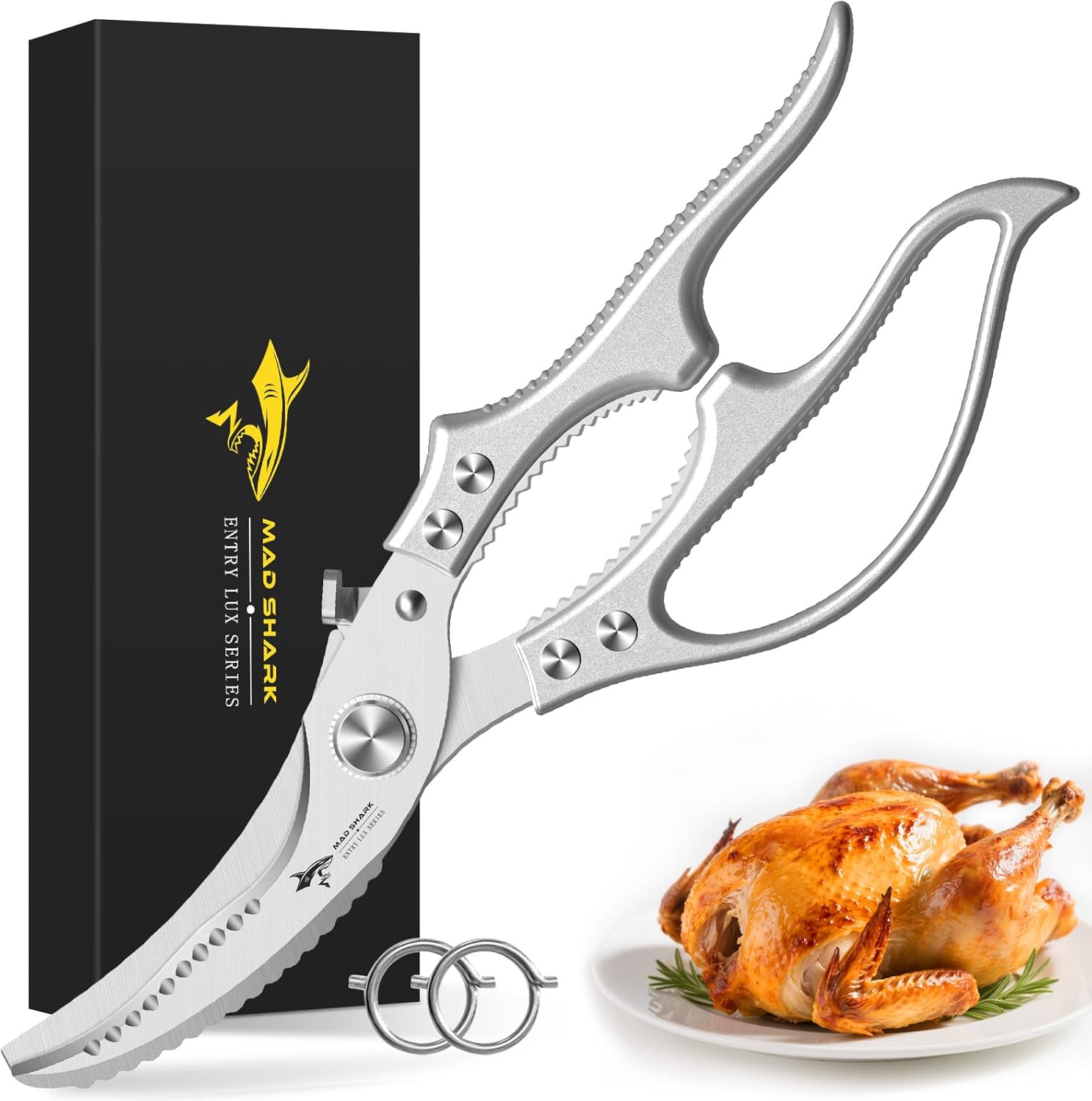MAD SHARK Heavy Duty Poultry Shears: Spring Loaded Kitchen Scissors for Chicken, Turkey, Fish, Non-Slip Handles, Dishwasher Safe
