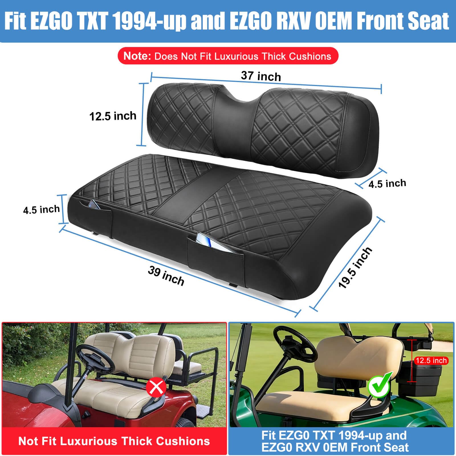 EZGO Housse de siège avant pour voiturette de golf EZGO TXT à partir de 1994 et EZGO RXV OEM Coussin de siège ordinaire, aspect concave et convexe, cuir vinyle épais, confortable/respirant