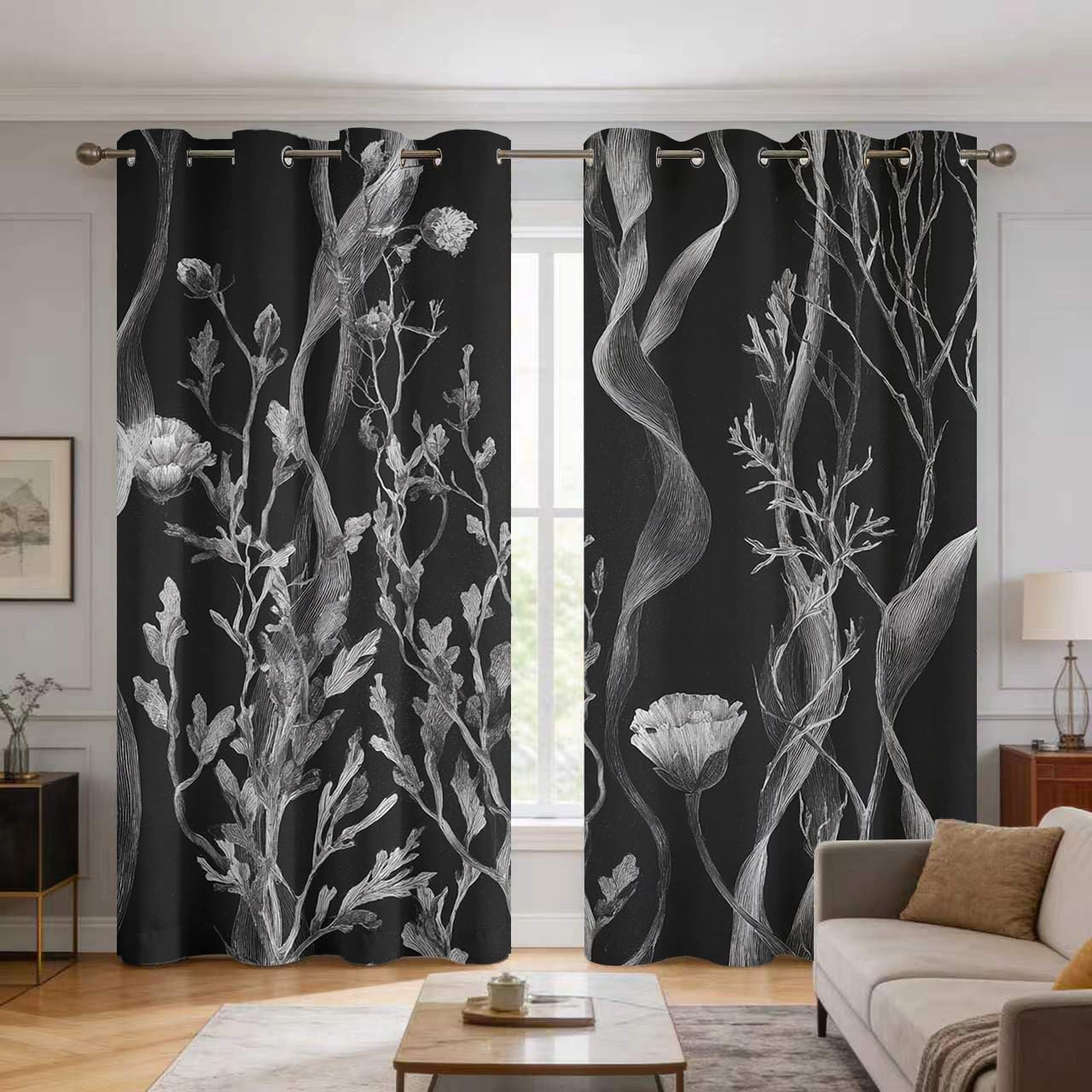 Rideau occultant noir et blanc à œillets avec motif floral et de feuilles, lot de 2 pour chambre