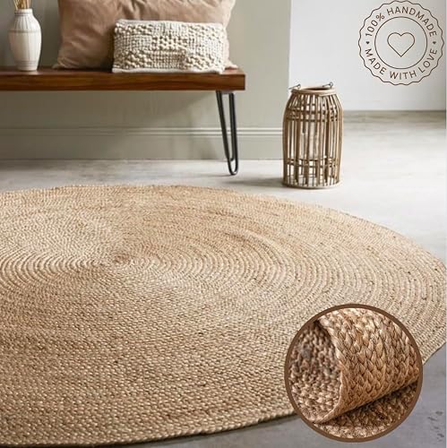 The Knitted Co. 100% Jute Area Rug 6ft Round (White Rings)