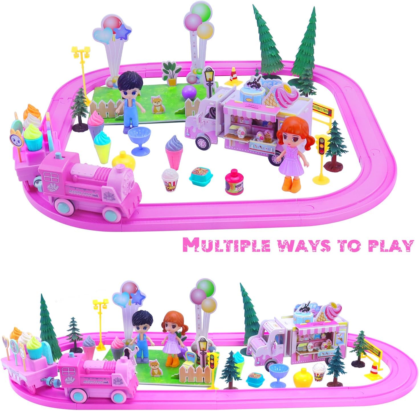 Pink Classic Train Sets for Toddlers|Musical Electric Train Toys with DIY Ice Cream Truck 3D Foam Puzzles Party Scene Building Kit for Girls Boys 3-5 Years Old Parent-Child Interaction Birthday Gift-A