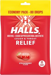 Halls Relief Strawberry Cough Drops, 80 Count Economy Pack - Menthol Sore Throat & Cough Relief