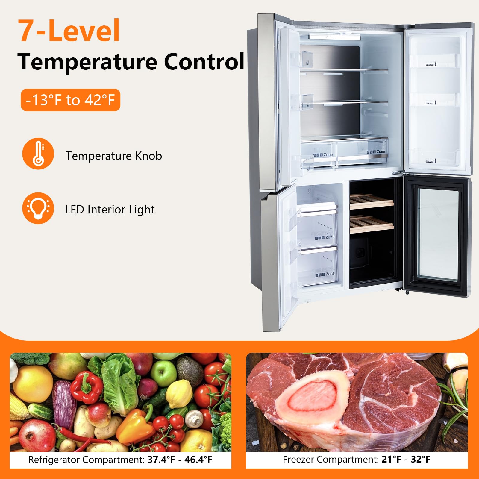 SunnyFurn 595L French Door Refrigerator with Wine Cooler, Colorful Steel Finish, US Standard Energy Efficient Fridge, Large Capacity Freezer Refrigerator, 605w on Fridge.com