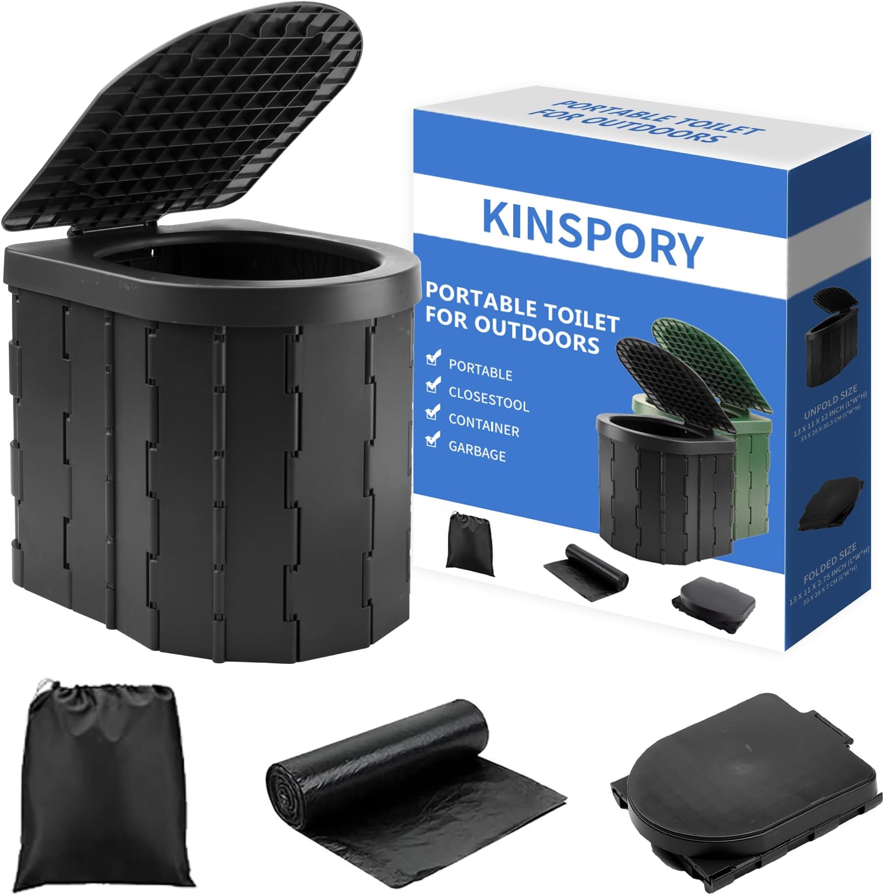 KINSPORY Camping Toilet, Portable Toilet for Adults & Kids, Foldable Potty & Outdoor Emergency Sanitation Products, Trash Can, Stool for Car Truck Camping Travel Hiking Fishing Long Trips