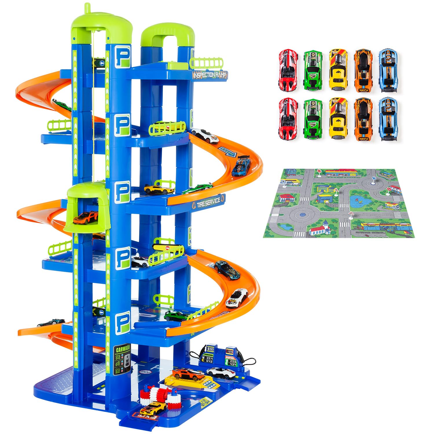 MOLTO | 6 piante parcheggi per bambini con garage, rampe, lavanderia, ascensore, stazione di benzina e area unta | Include 10 auto e arazzi | Giocattoli educativi per bambini | + 3 anni