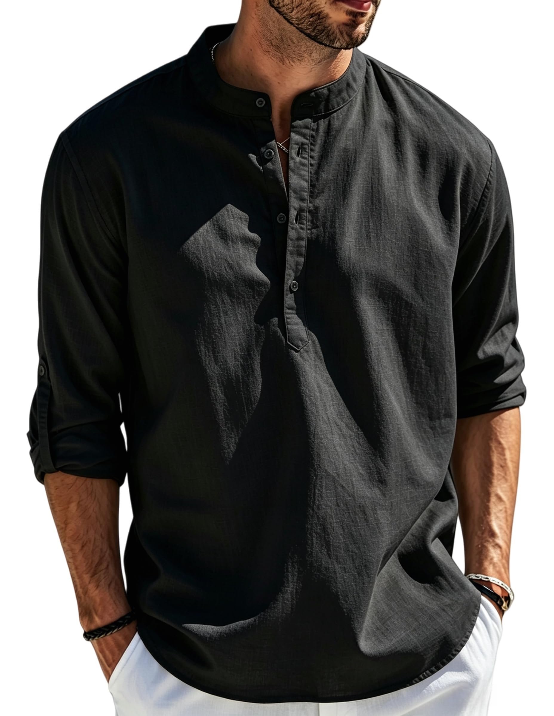Cegerne Leinenhemd Herren Hemd Langarm Sommerhemd Freizeithemd Casual Henley Shirts für Urlaub Strand