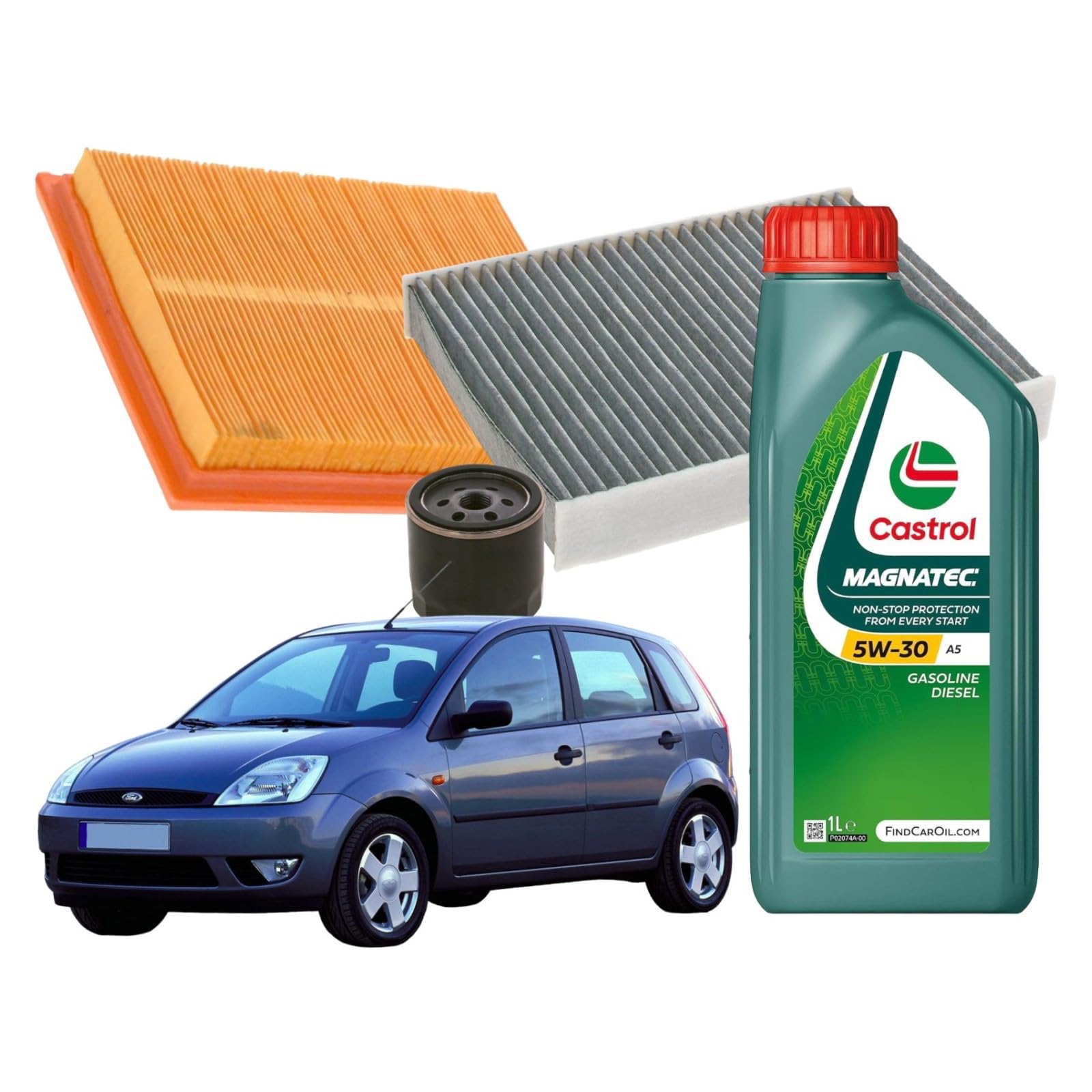 ricambi auto smc Kit Tagliando Ford Fiesta V 1.25 75 CV 3 Filtri + 4lt 5W30 | ARIA 216x166x32 mm, FILTRO OLIO 74x76 mm, FILTRO ABITACOLO 240x190x35 mm) + 4 Litri Olio Motore Castrol Magnatec 5W30 A5