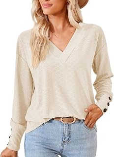 AaaozKjie Long Sleeve Women's Pullover Autumn Plain Buttoned Long Sleeve Loose Blouse Tops Women Autumn