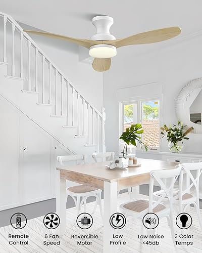 Miniatura 2 de Frstem Leah - Ventilador de techo de madera maciza de 52 pulgadas con luz y control remoto, montaje empotrado de 3 aspas, ventilador de techo de 6