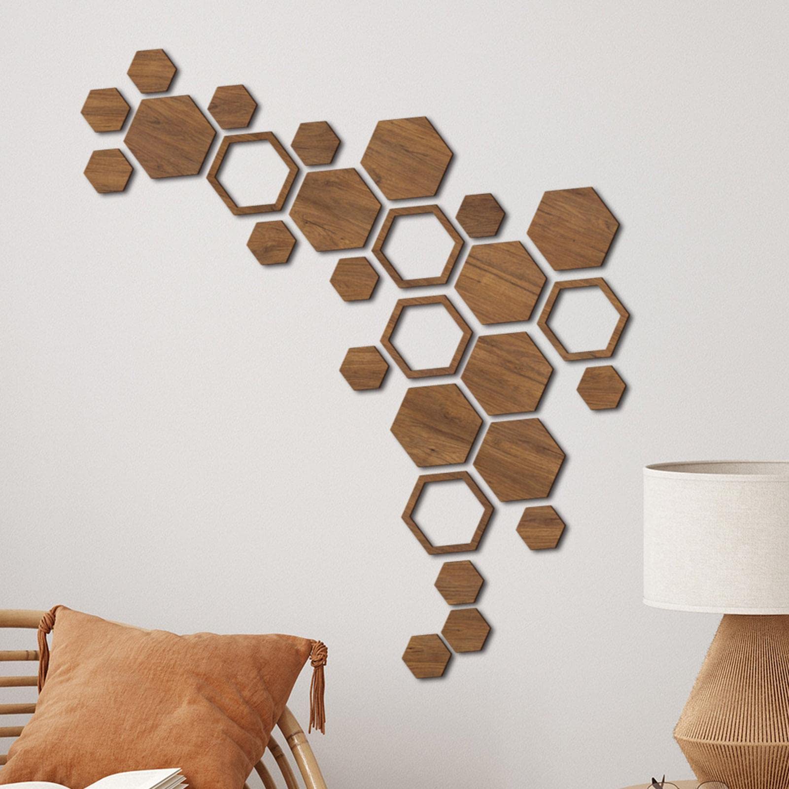 Hexagon Lot de 27 décorations murales hexagonales antidérapantes en Bois | Décoration Murale autocollante en nid d'abeille pour Salon, Cuisine, Salle de Bain