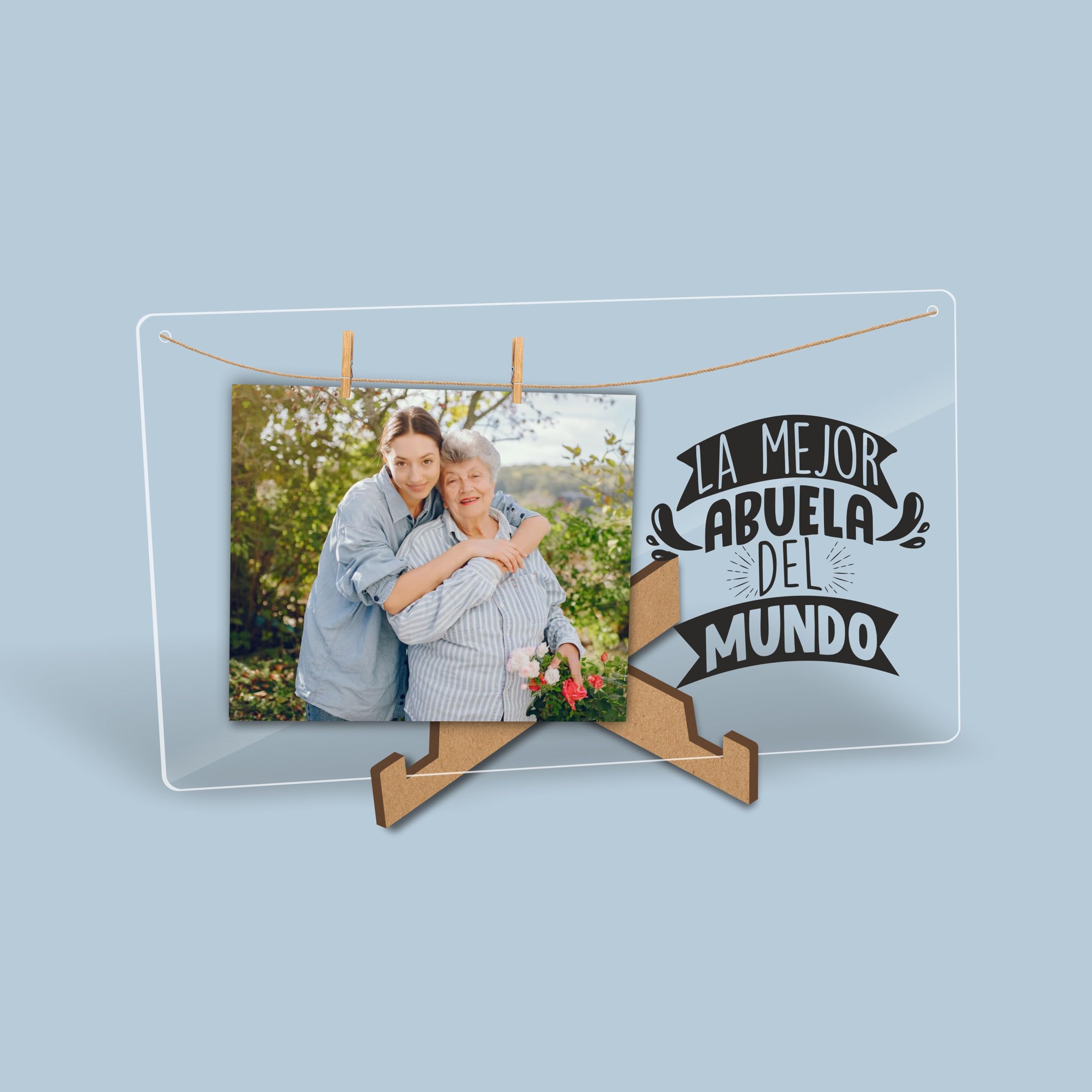 seribas Portafotos con Pinzas Acrilico Transparente - Ideal Regalos Originales, Regalos Personalizados, Regalo hombre, Regalos para mujer, Cuadros Decoración, Marcos de Fotos. (La mejor abuela)