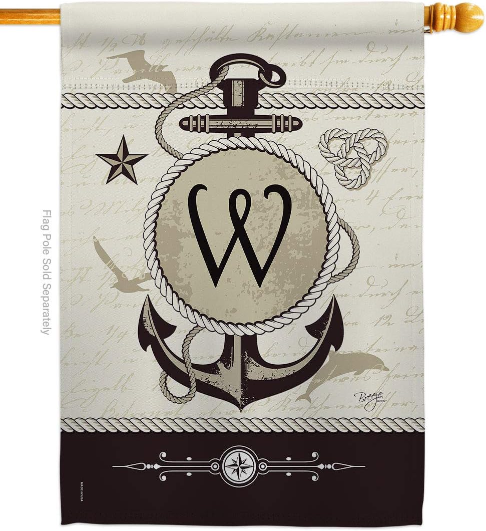Nautical W Initial House Flag Monogram Coastal Anchor Sailor Sea Shells Outdoor Summer Ocean Small Decorative Gift Yard Banner Made In USA 28 X 40