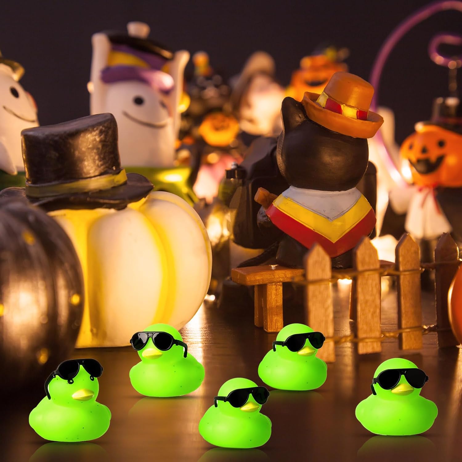 Meooeck 60 Pcs Mini Rubber Ducks with 60 Sunglasses 2.2'' Glow in The Dark Squeak Rubber Toys Bulk Bathtub Toys Floating Fluorescent Tiny Light Up Duck for Shower(Green)