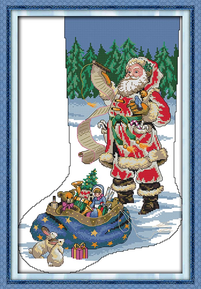 Own4b Sock 10 Cross Stitch Kits Pre Printed, Christmas Stocking-Santa Claus Stamped Pattern 11Ct 16.5X24.4 Inch Diy Embroidery Kit (Sock 10)