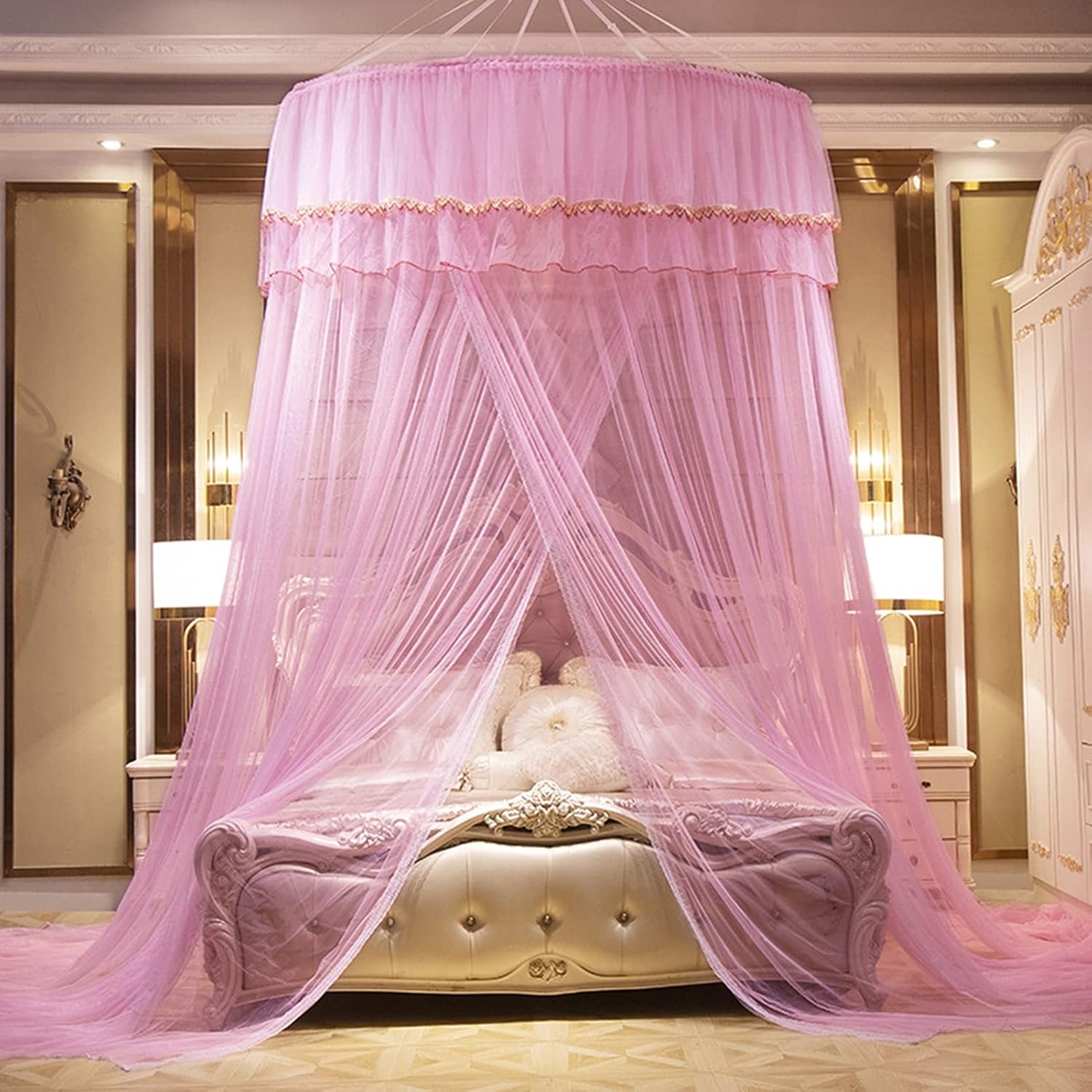 Pink Mosquito Net Canopy - Universal Dome Lace Bed Tent for Double & Single Beds, Adhesive Hook Included, Perfect for ct Protection and Stylish Bedroom Decor