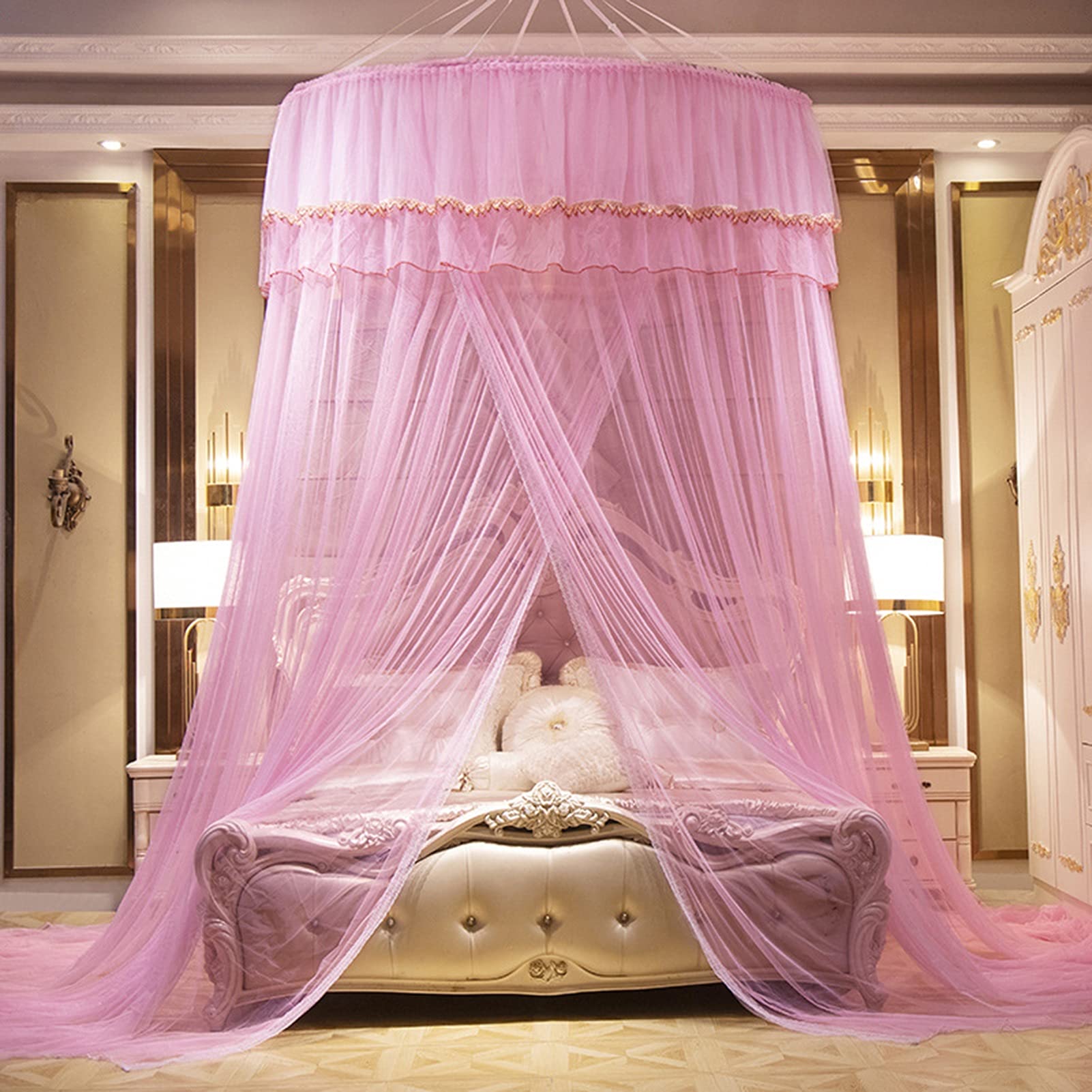 Moustiquaire en dentelle rose avec dôme universel et système de fixation adhésif