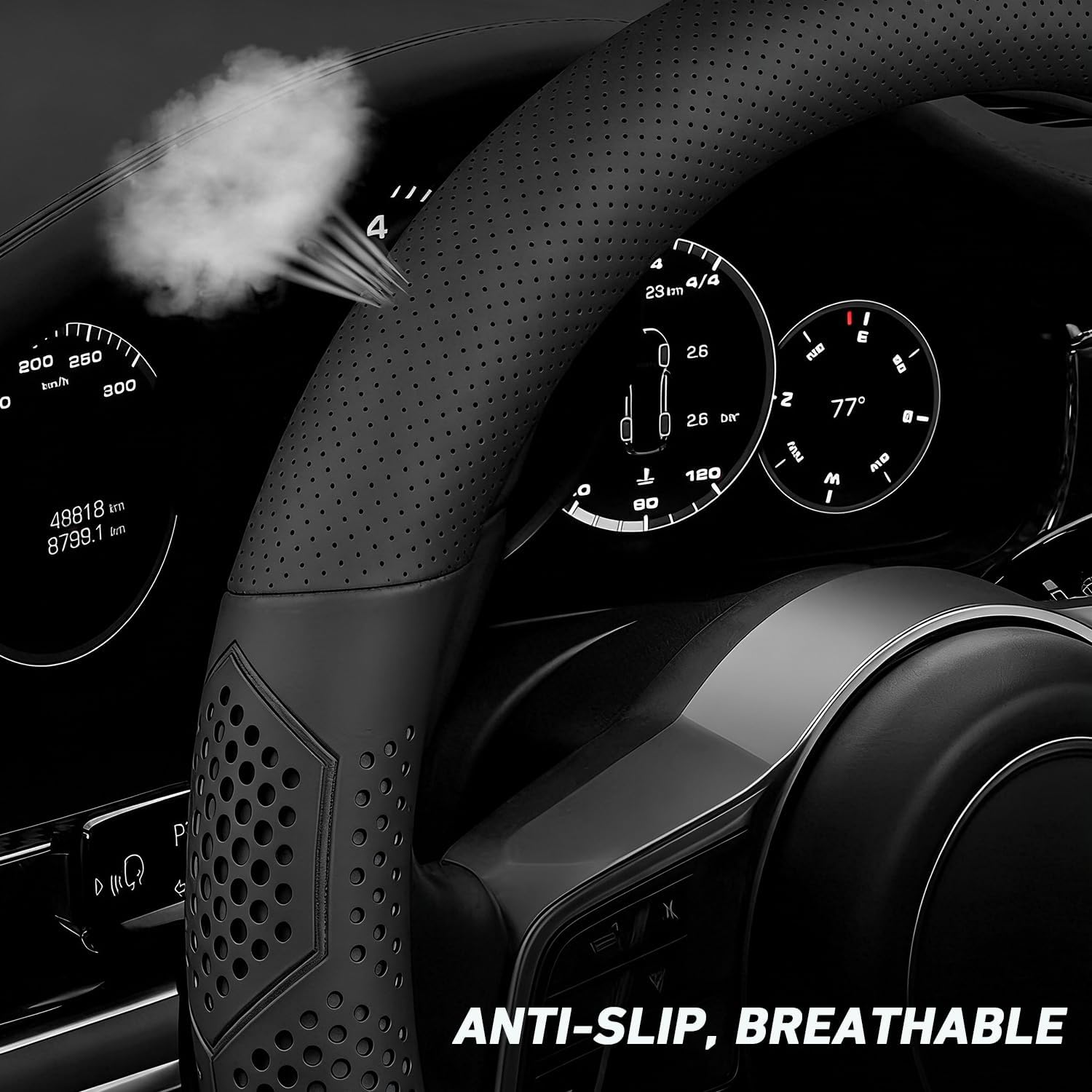 Leather Steering Wheel Cover for Chevy Silverado 1500 2500 3500, for GMC Sierra 1500 2500 3500, for Toyota RAV4 Corolla Camry, for Jeep Wrangler Grand Cherokee Compass, 14.5-15 inch (Black)