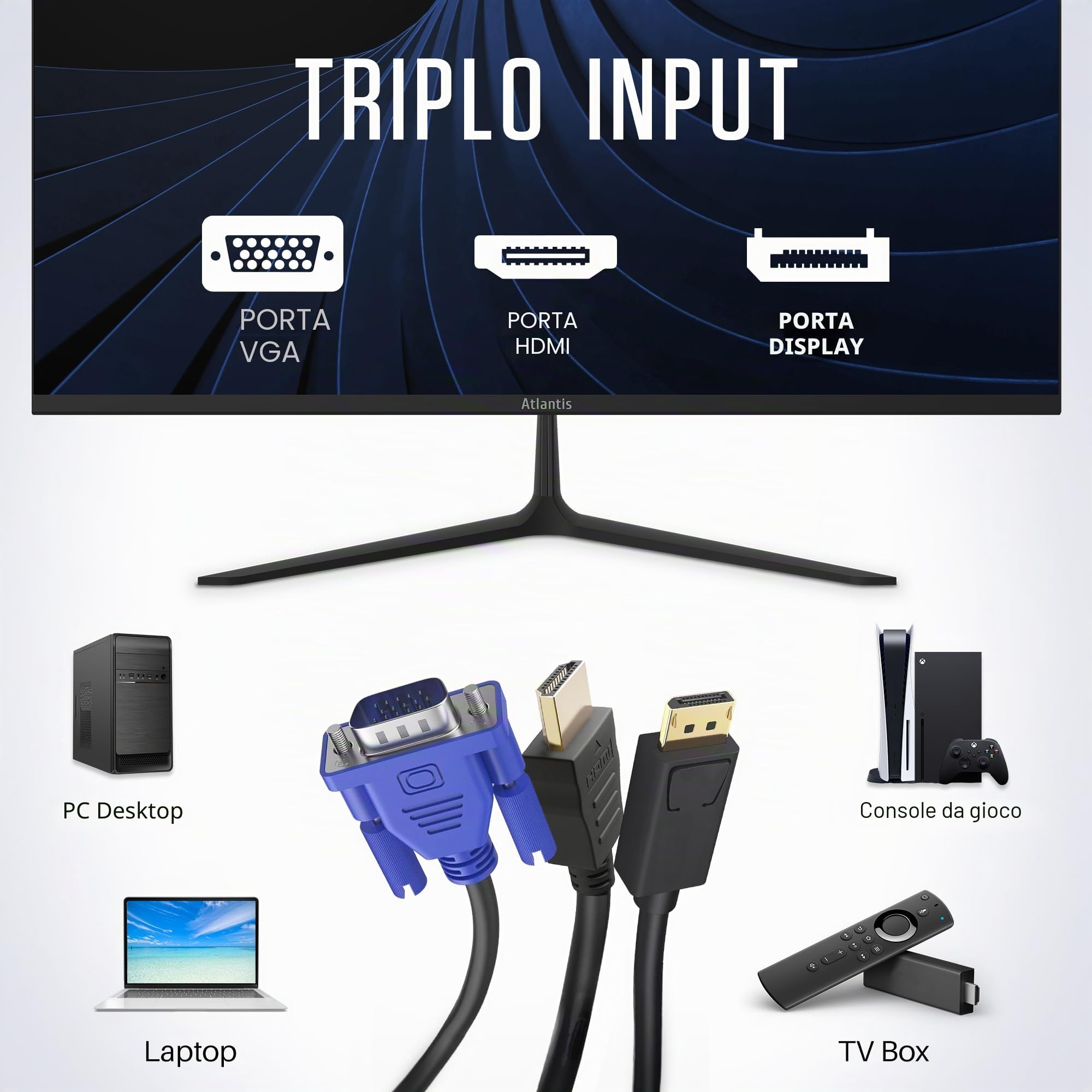 Atlantis Monitor 24 pollici, schermo 24" IPS 75Hz, Full HD 1920x1080, VGA HDMI DP, MULTIMEDIALE, FreeSync, Uscita Audio/Cuffie, inclin, risposta 5ms, Contrasto 1000:1, Angolo 178/178, Cavo HDMI 1,5m