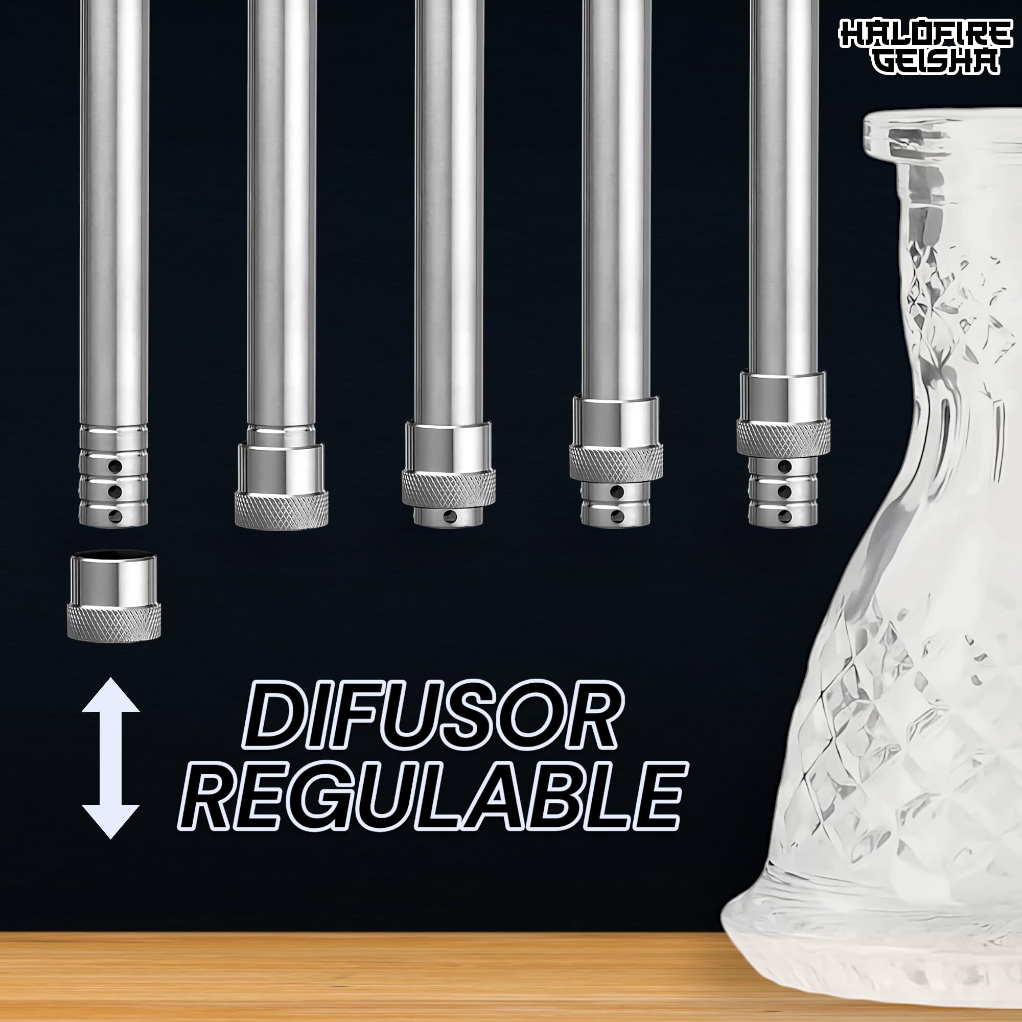 Cachimba Shisha Completa 50 cm con Maletín y Difusor Ajustable – Base Cristal Tallada, Cazoleta de Barro Negro y Plato Grabado a laser | Cachimba Halofire Geisha Negra