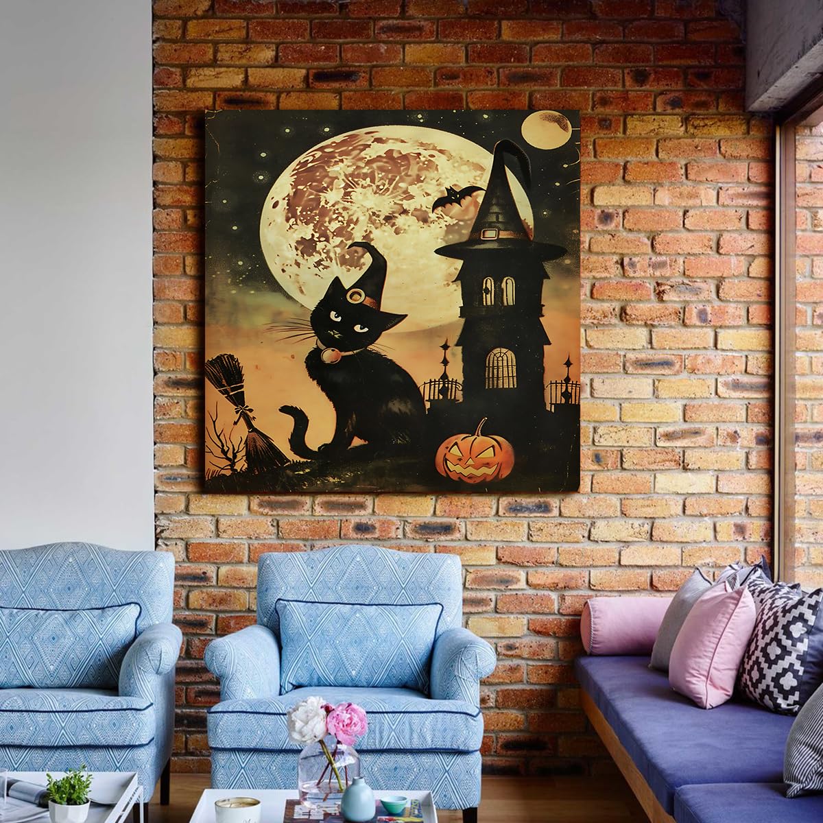 Kapelusz czarownicy dynia upiorny księżyc obrazy na płótnie wydruki Halloween czarny kot płótno sztuka ścienna do salonu sypialni dekoracja do jadalni 70 x 70 cm rama wewnętrzna