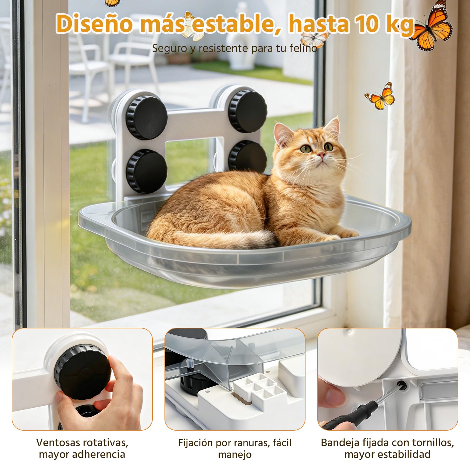 Newthinking Amaca gatto finestra 48,5 x 38,5 cm, 4 ventose rinforzate, senza corde, installazione senza trapani, portata fino a 10 kg, grigio