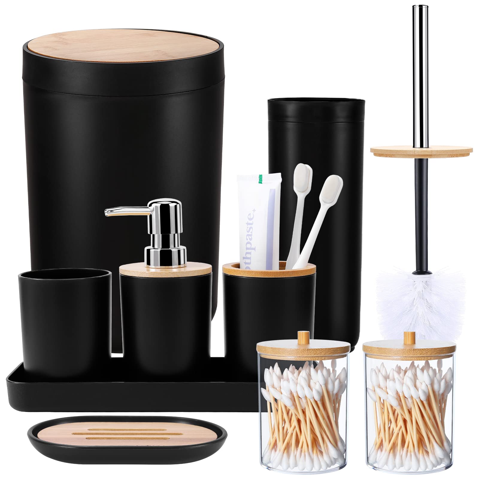SLDIYWOW 9 Pieces Black Bathroom Accessories Set, Bathroom Accessory Set with Trash Can, Tray, Soap Dispenser, Toothbrush Holder, Toothbrush Cup, Soap Dish, Toilet Brush and Q-tip Holders for Bathroom