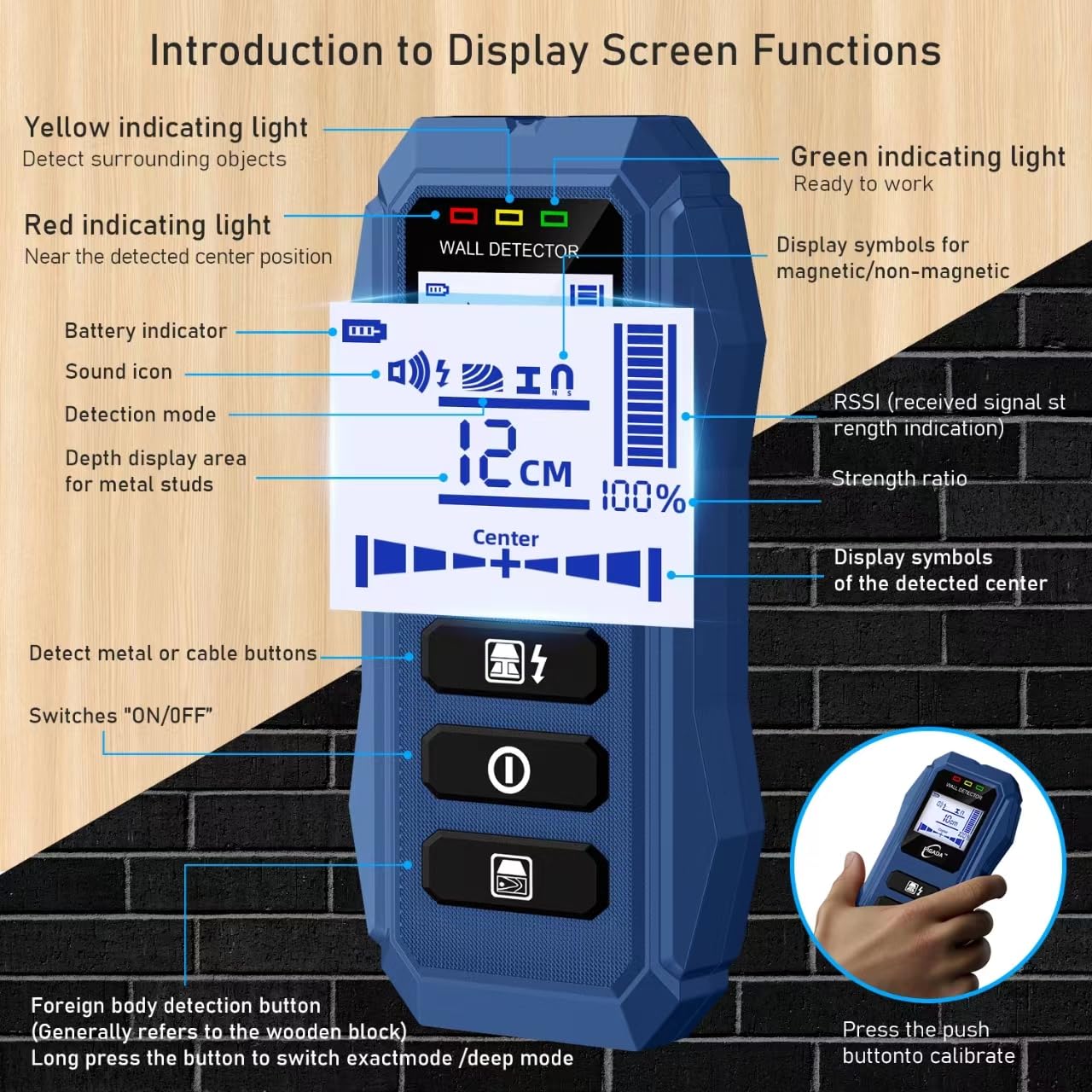 Detector de Pared de vigas de hasta 12cm contiene bolsa protectora,Detector Cables y TuberÍas 6 en 1,Localizador de Línea con Pantalla LCD,Escáner de Madera, AC cable, Metal Magnético, Alarma Doble