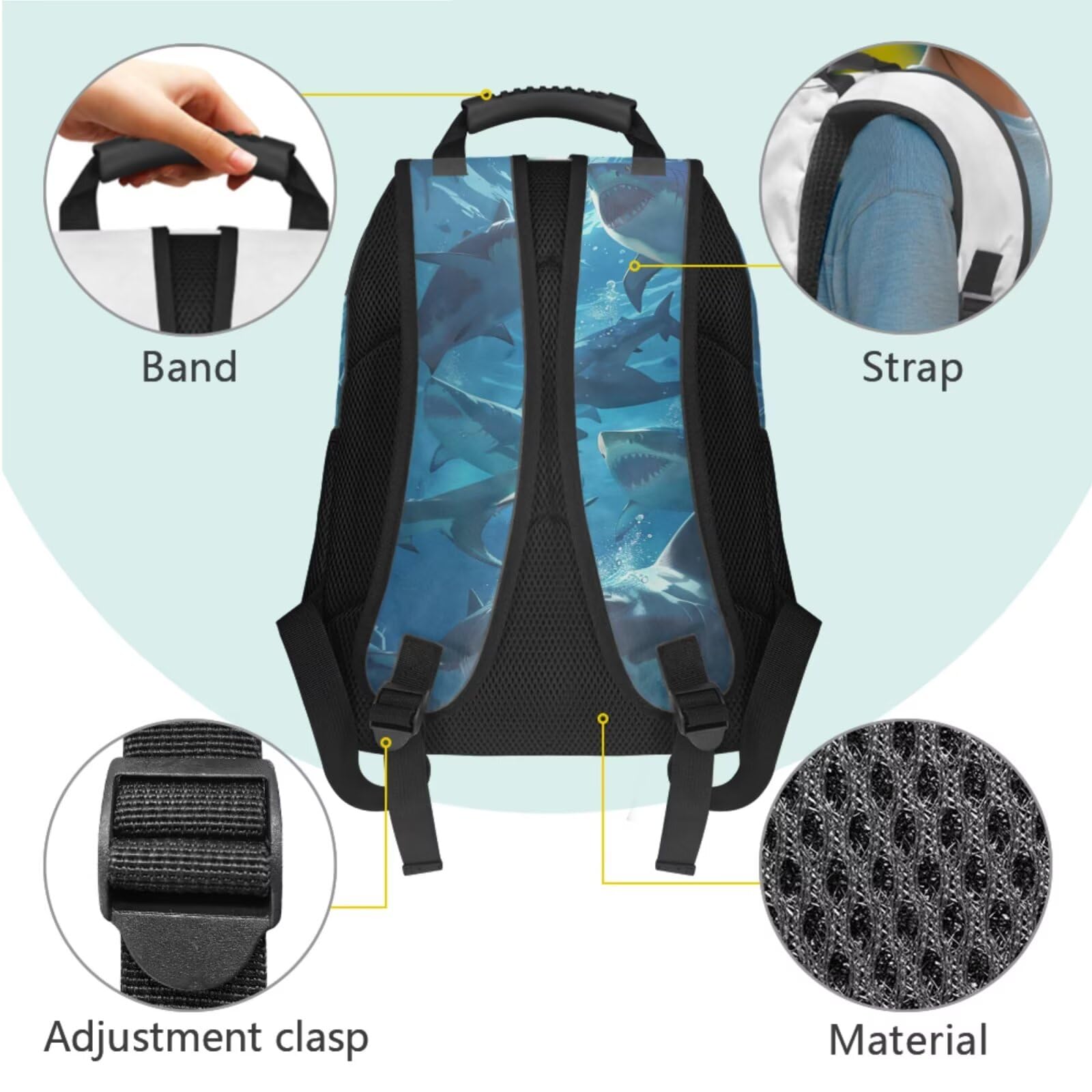 Dolyues Rucksack und Lunchbox-Set für Jungen, 4. Klasse, Schulrucksäcke für Grundschulkinder, Büchertaschen, Alter 8–10 Jahre, 4-teilig, hai, Tagesrucksack