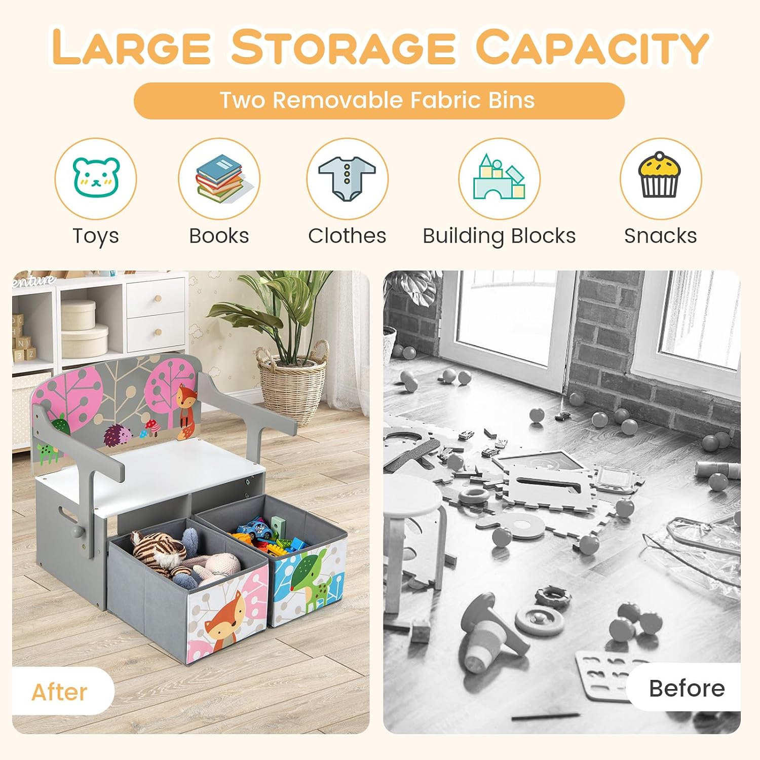 Costzon Kids Table and Chair Set, Convertible Toy Storage Bench with 2 Removable Fabric Bins for Kindergarten, Preschool, Kids Room, Playroom, Wood Reading Nook for Toddler Boys Girls Ages 3+ (Grey)