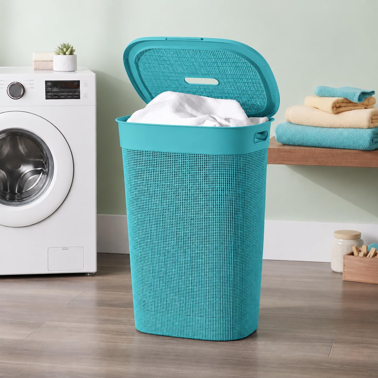 KITCHIVO™ Plastic Large 55 Ltr Laundry Basket with Lid & Handle | Multipurpose Hamper Bins Storing Washable Clothes, Blankets | Household Ideal for Home & Bathroom (Woods Firoza)-image-26