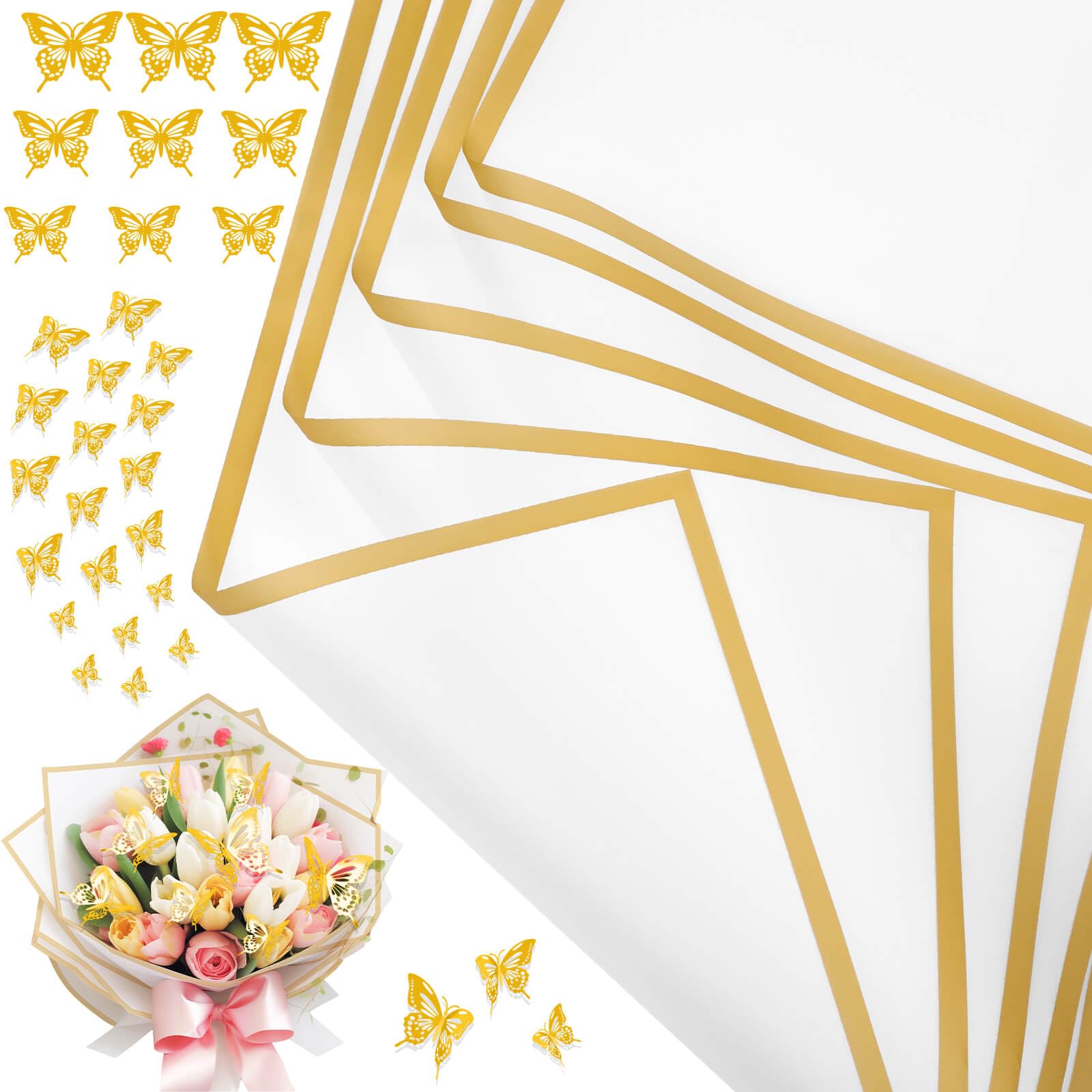 cridoz 20 Pieces Flower Wrapping Paper with 12 Pieces Butterfly Decorations for Flower Bouquet(White) โ image 1