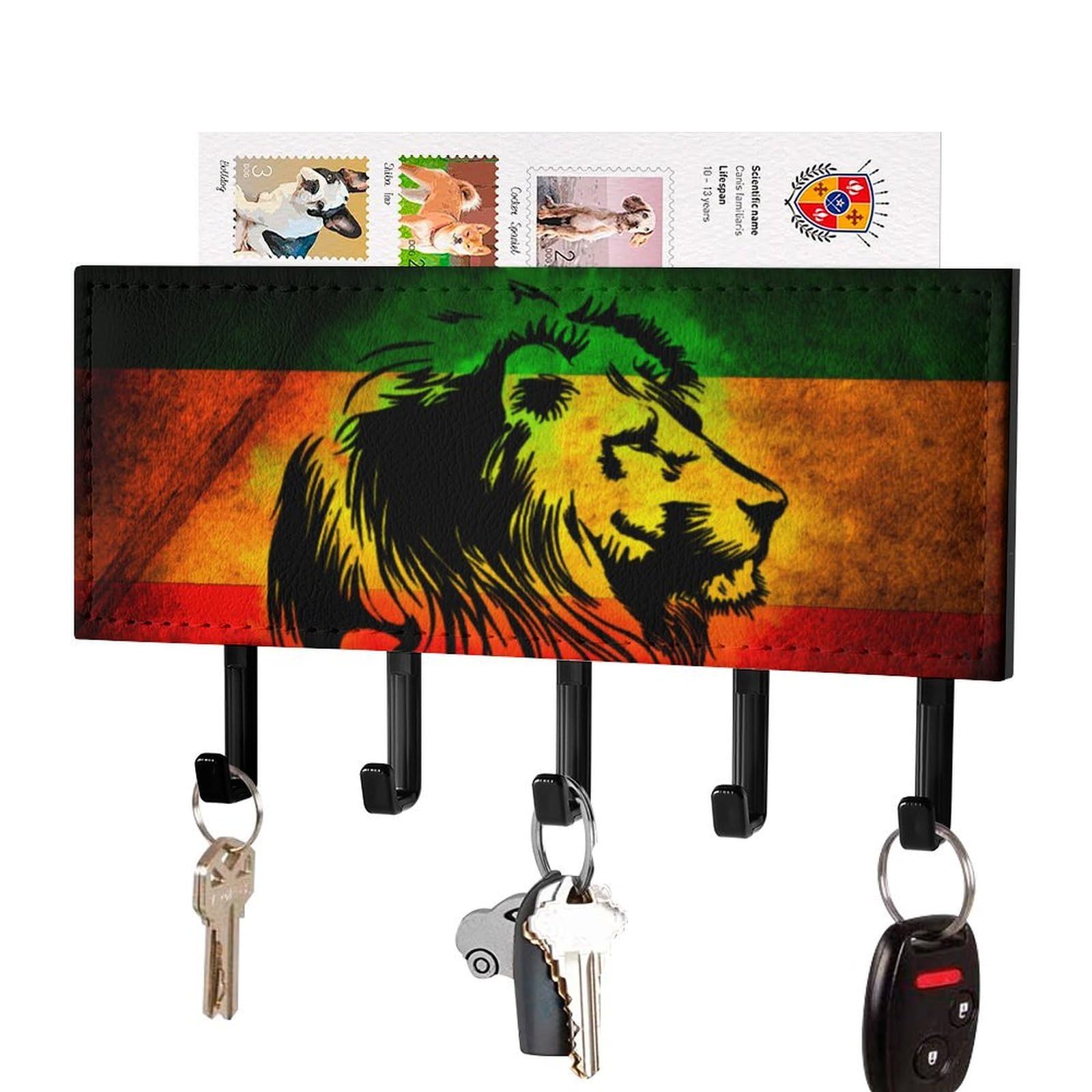 NCLQVJXZKHW Lion Reggae Jamaica Key Holder with 5 Hooks Key Hooks Wall Mounted Key Racks Key Hanger Organiser Shelf