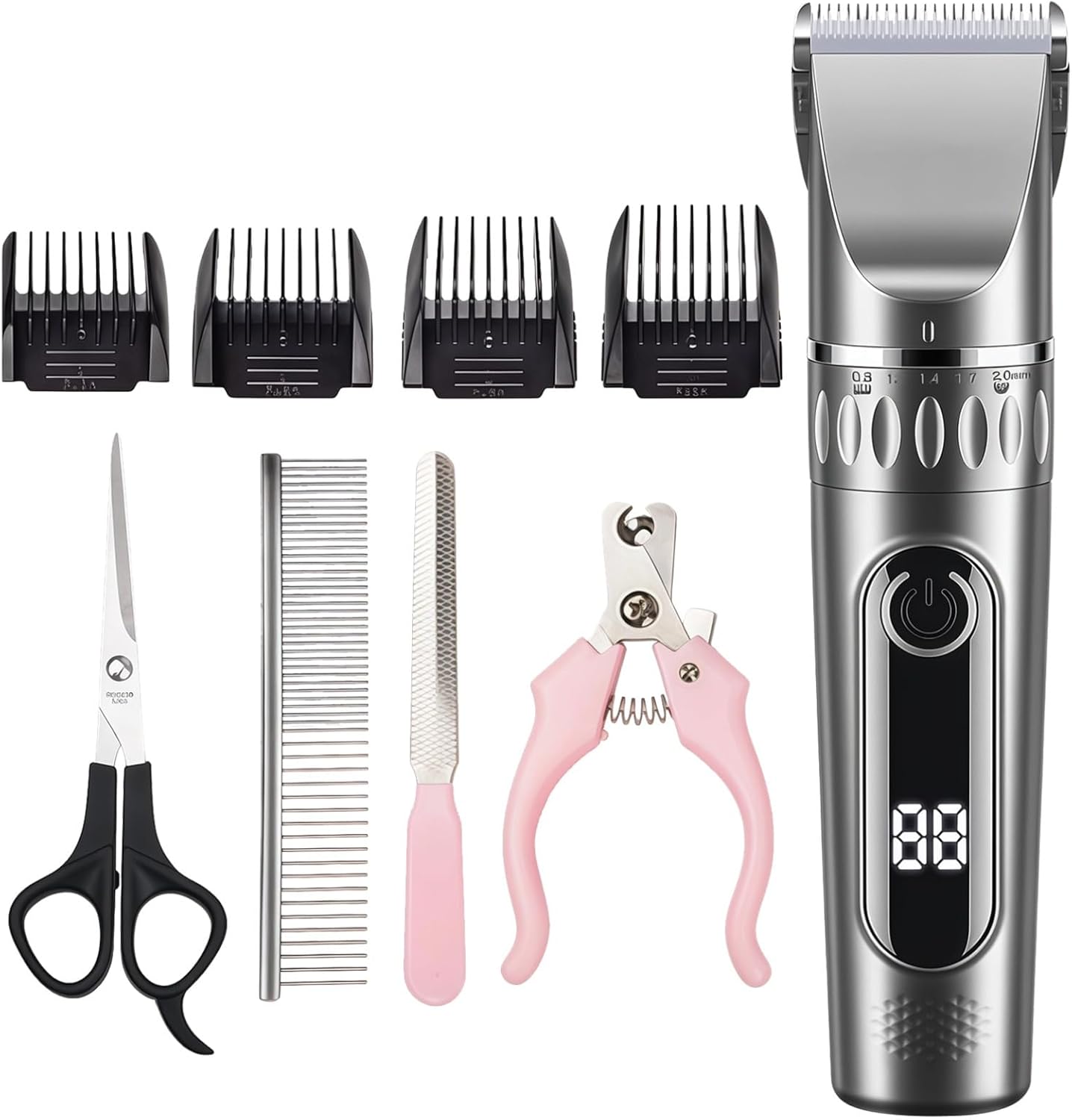 Pet Grooming Clippers Set for Cats and Dogs, Wireless Hair Trimmer with Adjustable Blades, Includes Scissors, Nail Clippers, Cleaning Brush, and USB Charger, Suitable for All Types