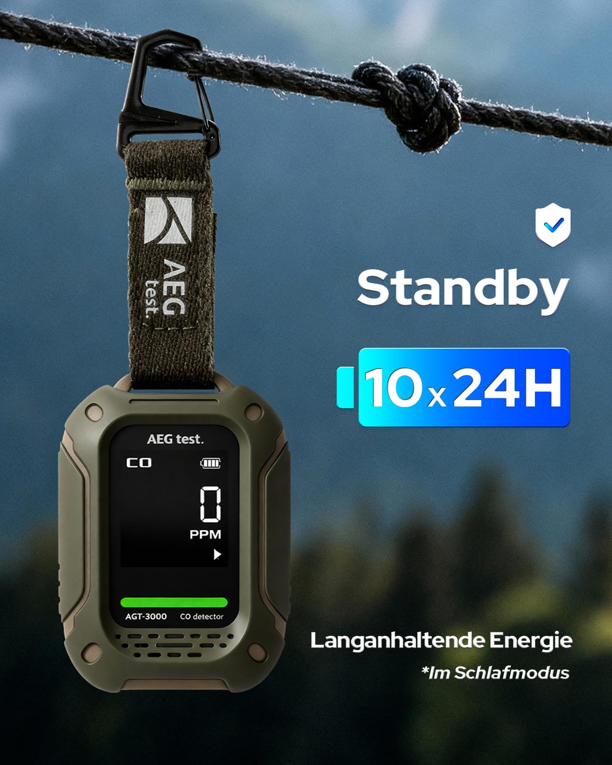 AGT-3000 Tragbarer Kohlenmonoxidmelder, 240 Std Standby, verbesserter CO-Sensor für Reisen, wiederaufladbarer CO-Detektor mit Audio- & visuellem Alarm, CO-Messgerät für Camping, 0–1000 ppm