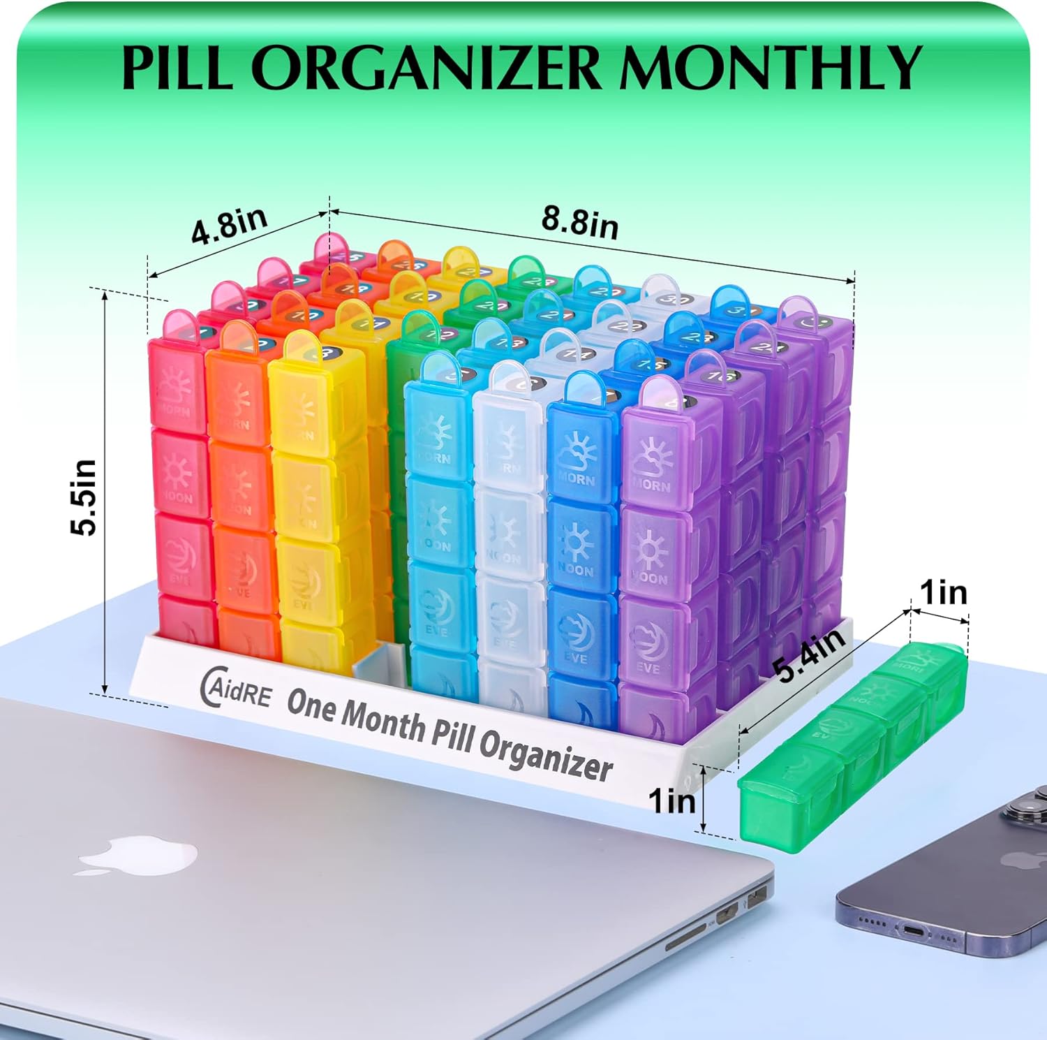 CAidRE Monthly Pill Organizer 4 Times A Day, One Month Pill Organizer, Monthly Pill Box Organizer with 32 Daily Compartments for Fish Oil, Vitamins, Supplements and Medications, 31 Day Pill Case