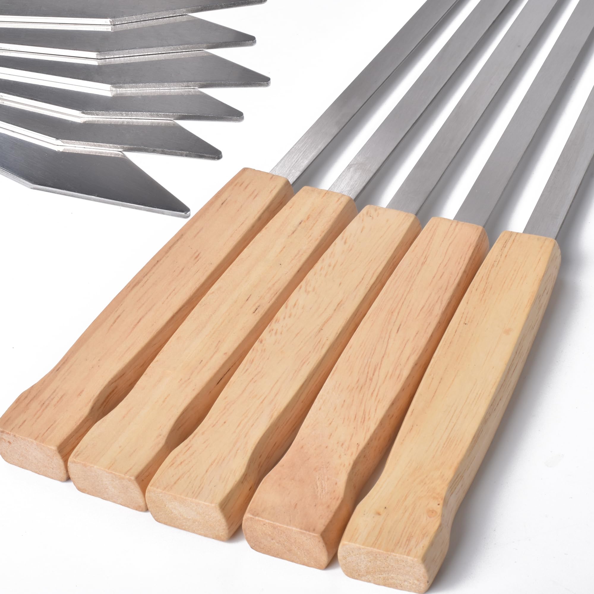 17-Inch Long Flat BBQ Skewers, HONSHEN Brazilian-style Stainless Steel 3/8 Inch Wide Blade with hardwood Handle barbecue skewers for Grilling Meat,Chicken,Shrimp,Vegetables-Set of 12